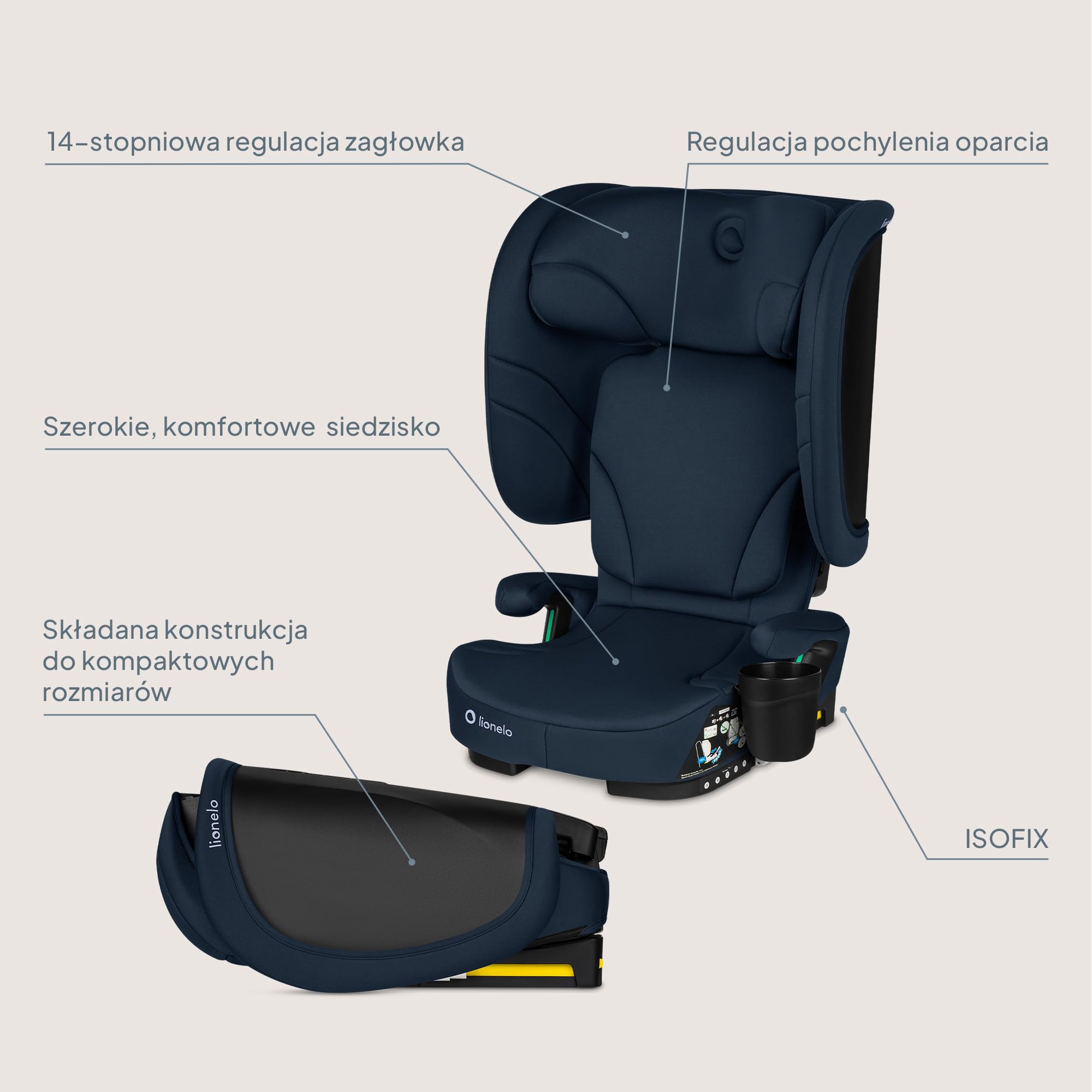 LIONELO Bezpieczny Składany Fotelik Samochodowy I-Size R129 Z ISOFIX Podróżny z Torbą Transportową z Uchwyt Na Kubek 14-Stopniowa Regulacja Zagłówka Regulowane Oparcie Dla Dzieci 100–150 Cm 3–12 lat