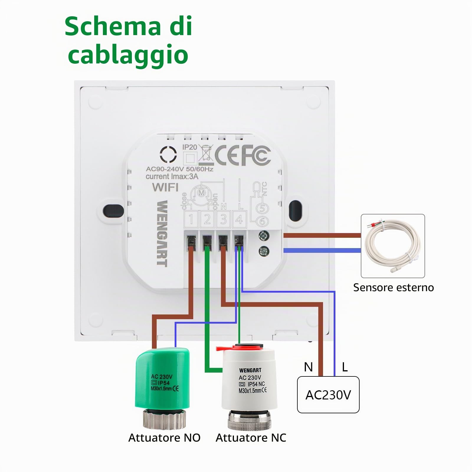 Wengart Smart Termostato per Stanza WG12, AC230V 3A 2.4GHz Funziona per Riscaldamento a Pavimento ad Acqua, Termostato Compatibile con Alexa e Google Home, Ruota per Impostare la Temperatura, Modalità