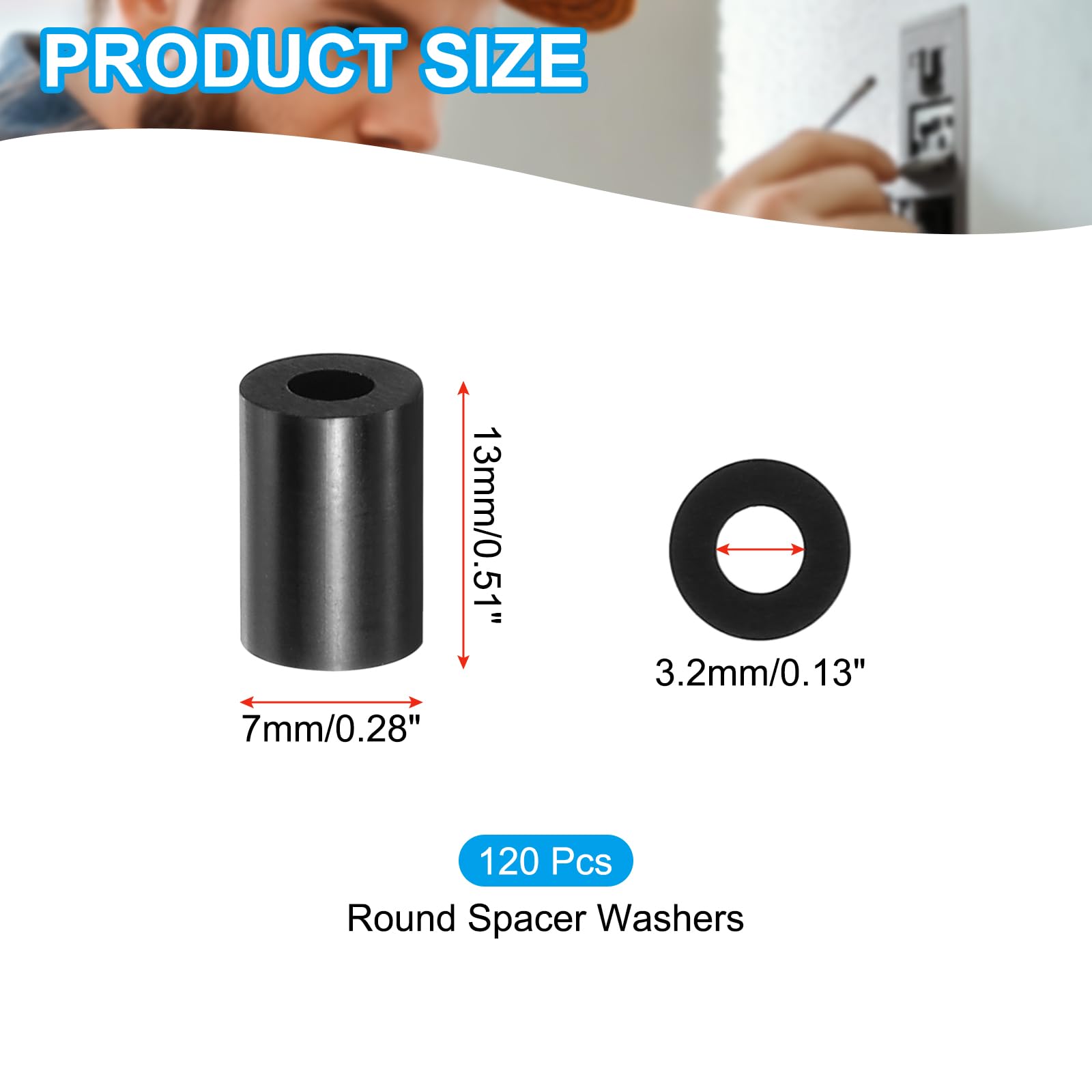 PATIKIL M3 Black ABS ID 3.2mm,OD 7mm,Length 13mm, Nylon Round Spacer Washers - Image 2