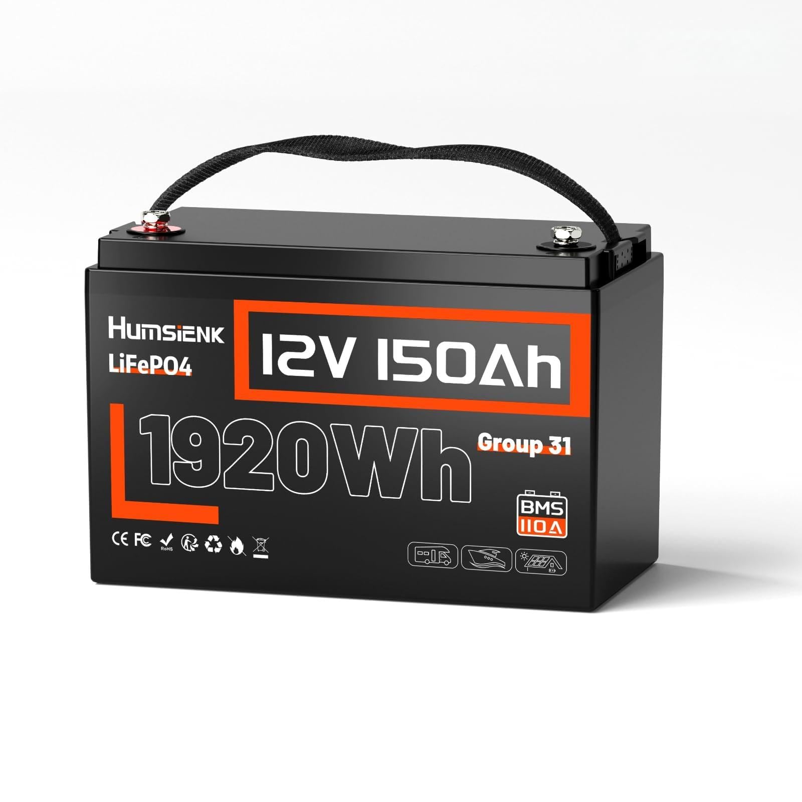 Humsienk Batería Litio 12V 150Ah,Bateria LiFepo4,BMS Inteligente de 110A,4.000–15.000 Ciclos Profundos de 12 V 1920 WH Recargable,Protección Baja Temperatura—para Solar,Autocaravana (RV)