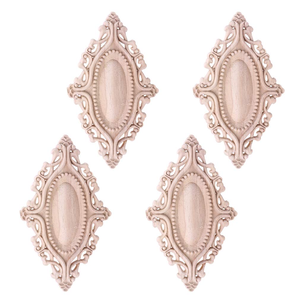 Zhouyqx As Shown 4Pieces Wood Carved Onlay Applique Oval Carving Flower Unpainted Frame Furniture