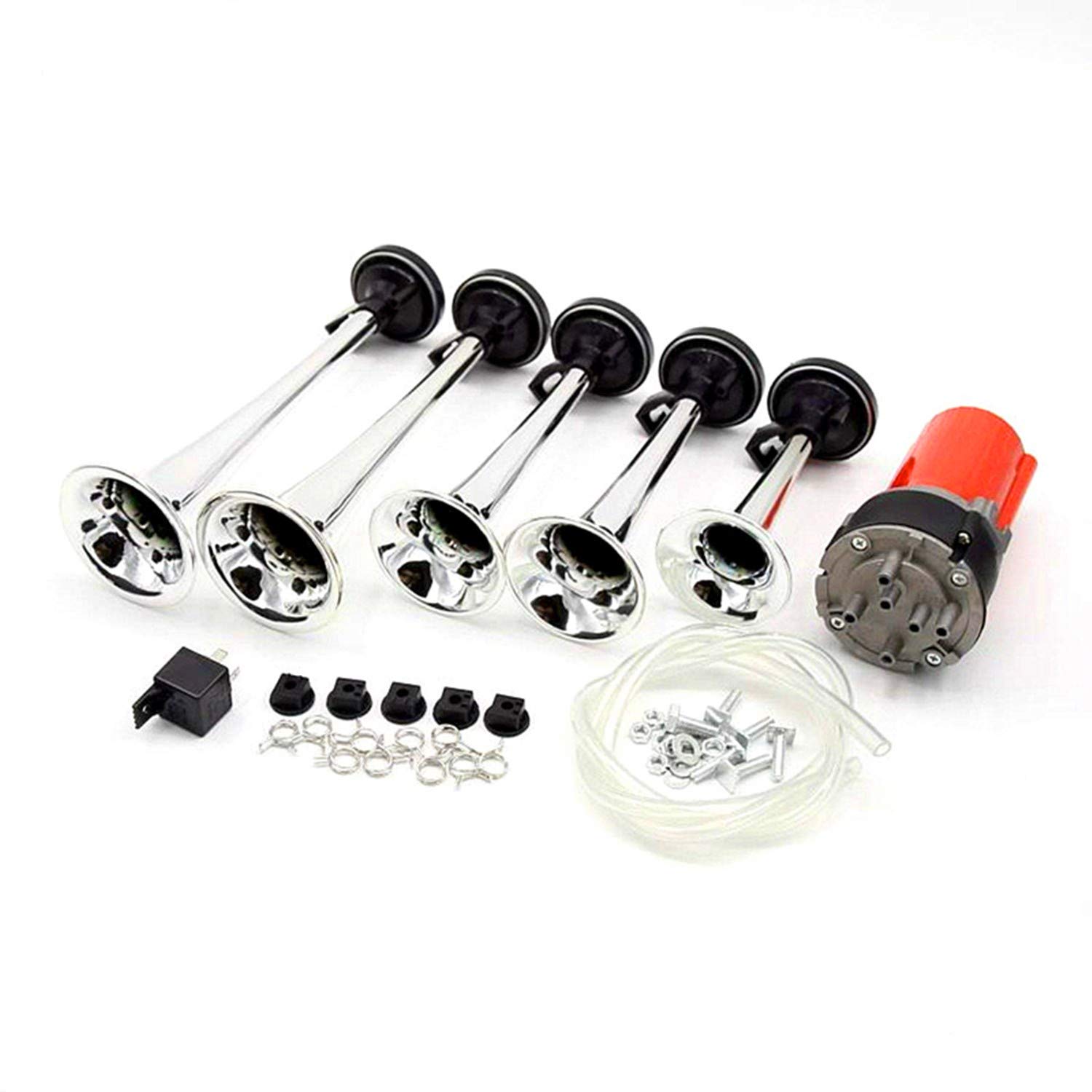 Tromba Musicale Strumento a cinque tubi avvisatore acustico Clacson Multi-frequenza suono rosso pompa aria personalità 12V Music Car Horn150DB altoparlante a tromba fischio clacson corno