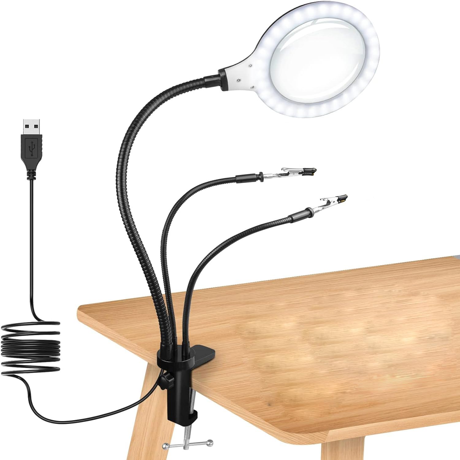 Magnifier With Light And Clamp,5X Magnification Helping Hands Daylight Magnifying Lamp, Light With 30 Dimmable LED,3 Hand Helping Arms Illuminated Reading Magnifier For Crafting,Reading,Sewing,Hobbies