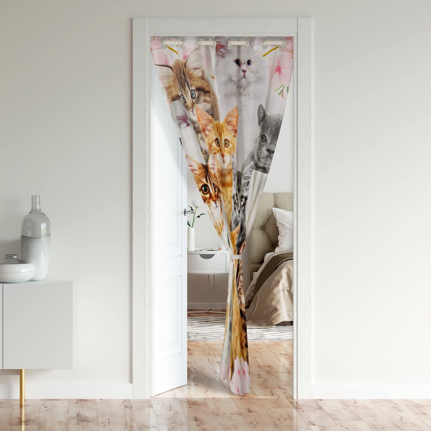 Loussiesd Cartoon Cat Toddler Darkening Blackout Curtain Cute Animal Flowers Door Curtain Doorway Privacy Pet Cat Lovers Pink Closet Door Cover Curtain Various Categories Cat Decor 86x203cm 1 Panel - Image 2