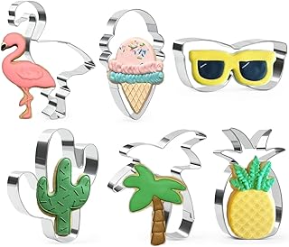 Crethinkaty 6 Pieces Summer Cookie Cutters Set for Baking - Flamingo,Palm Tree,Pineapple,Ice Cream,Cactus and Glasses Shap...