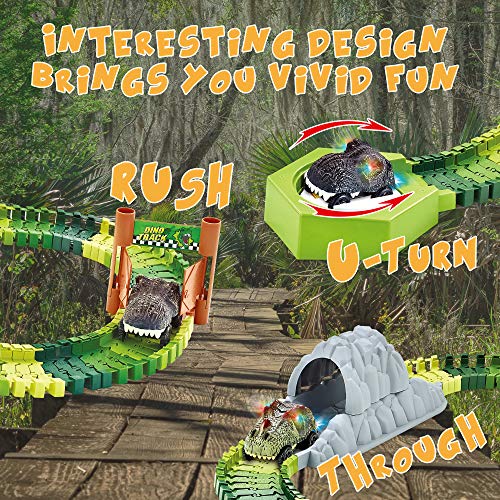 KITOART Dinosaur Toys-258 Pcs Create A Dinosaur World Road Race, Dinosaur Race Track-Flexible Assembly of Various Track Devices & 2 Cool Dinosaur Car, Best Gift for Kids-3 4 5 6 Year Old Boys Girls