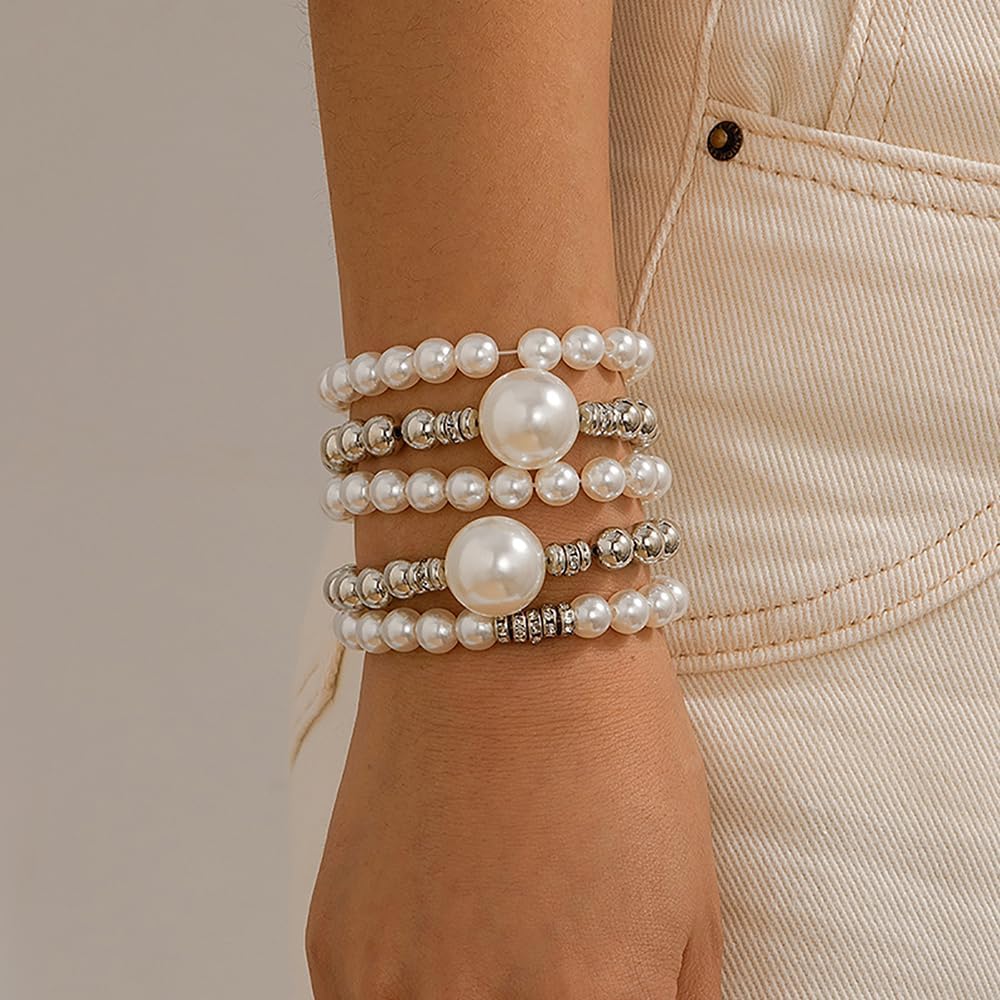 Denifery Gold Beaded Bracelets Set for Women Pearl Stackable Elastic Bracelets Chunky Beaded Ball Adjustable Multilayer Bangles Wedding Jewelry - Image 2