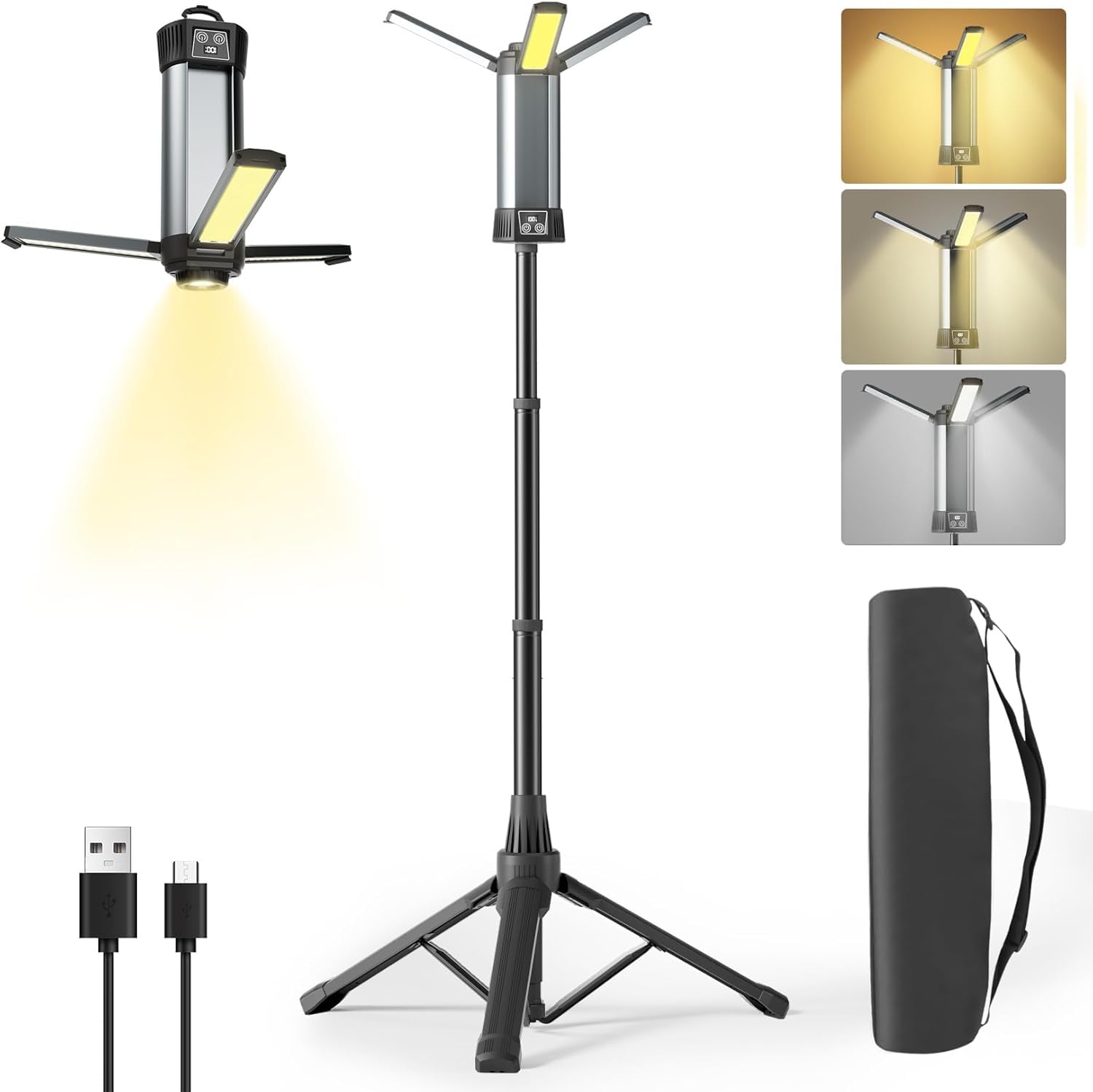 Forubar Rechargeable Work Light, Camping Lights Outdoor, LED Cordless Work Lights on Stand with Detachable Tripod, Hooks and Carrying Bag, 500/1000/2000 Lumen 3500/6500K Dimmable