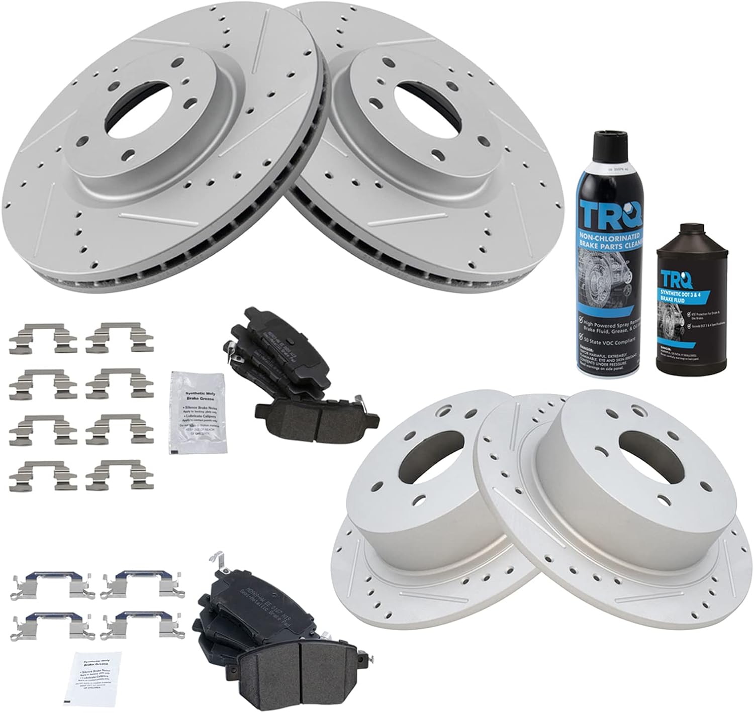 TRQ Front and Rear Performance Brake Pad & Rotor Kit Brake Chemical Kit Brake Pads Brake Rotors Set Semi-Metallic Premium G-Coated Compatible with 2005-2006 Nissan Altima 2004-2008 Maxima
