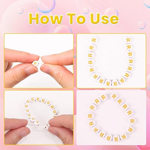 Miniatura 3 de DIYDEC 500 cuentas del alfabeto redondas de 0.157 x 0.27 pulgadas (0.157 x 0.276 in), cuentas de letras blancas doradas para pulseras, joyería,