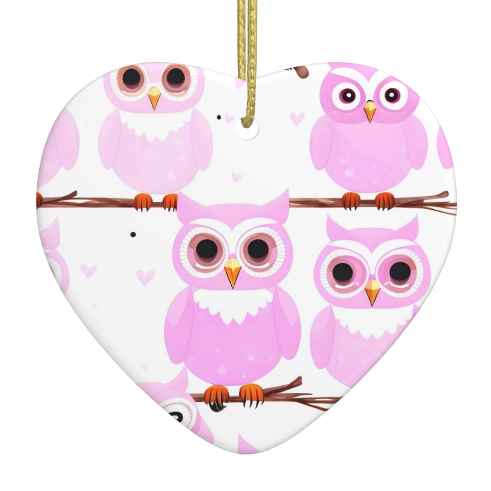 Cute owl Ceramic Christmas Heart Pendant with Silk Thread, Christmas Tree Home Decoration