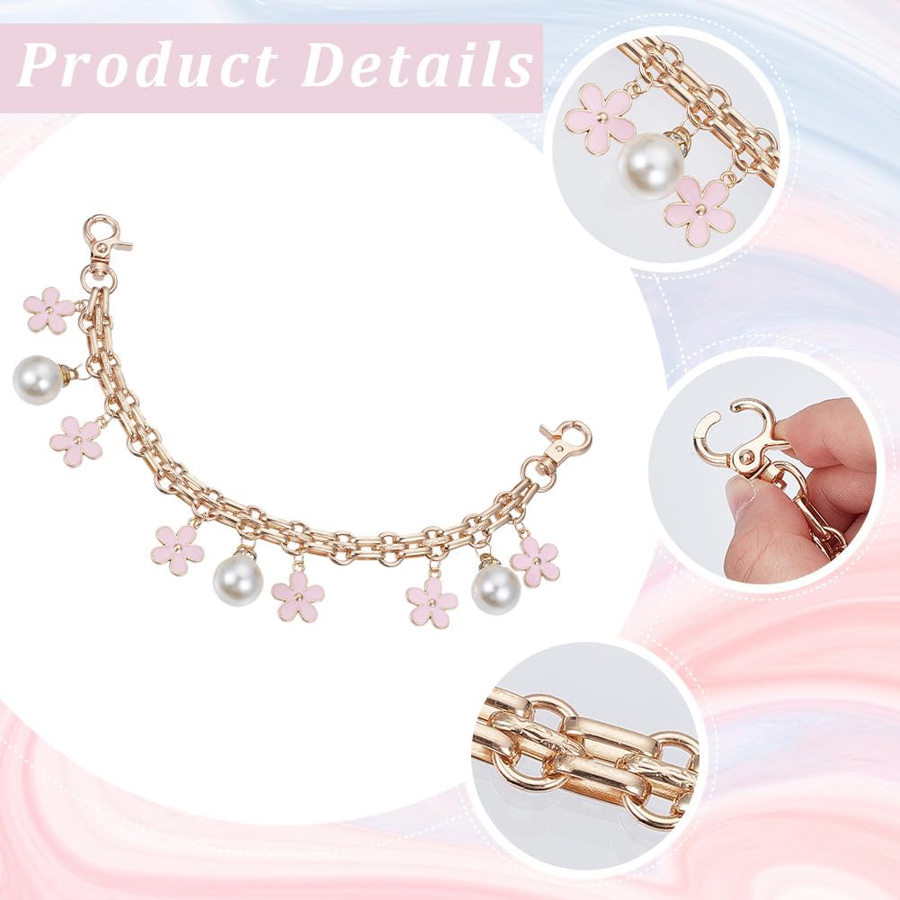 Beebeecraft 2Pcs Purse Chain Strap Replacement Aluminum 10.23in Chain Straps Enamel Flower Plastic Pearl Charm Purse Handle Extender Bag Chains for DIY Wallet Crossbody Bag Crafts Making