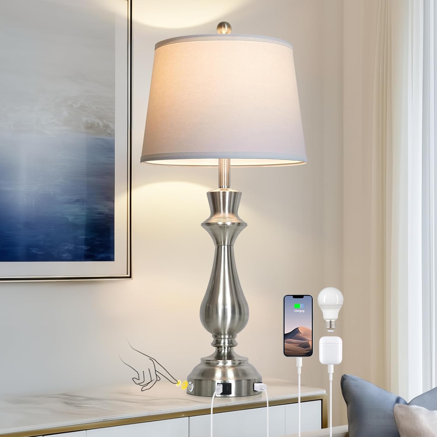 Silver Touch Lamps for Night Stand - 29.5" Tall Bedside Lamp with USB C+A, 3 Way Dimmable Bedroom Lamps, Brushed Nickel Table Lamps for Living Room,Single Silver