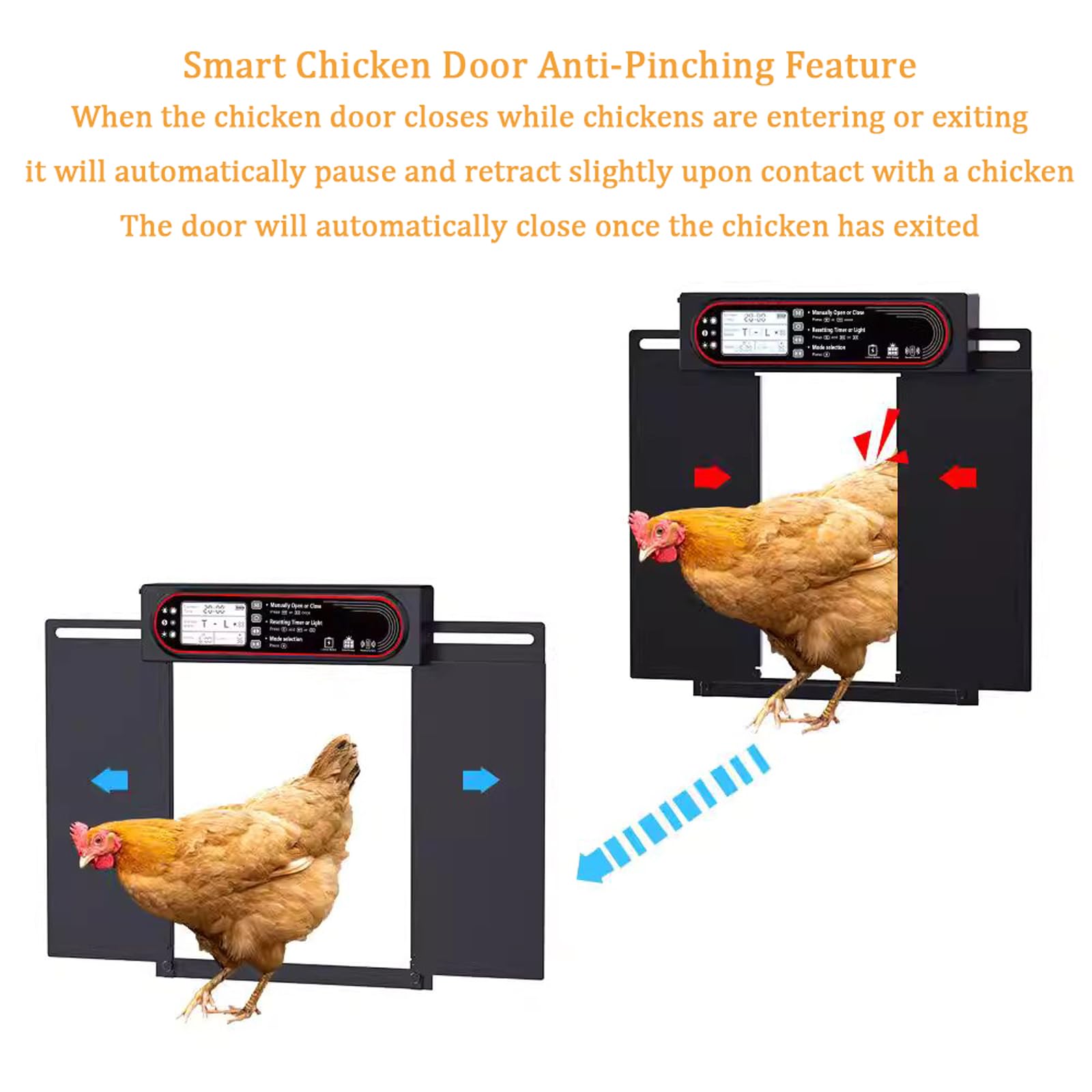 Puerta automática de gallinero con energía solar, temporizador, sensor de luz, control remoto y manual, respaldo USB, antipellizcos, diseño resistente a la intemperie