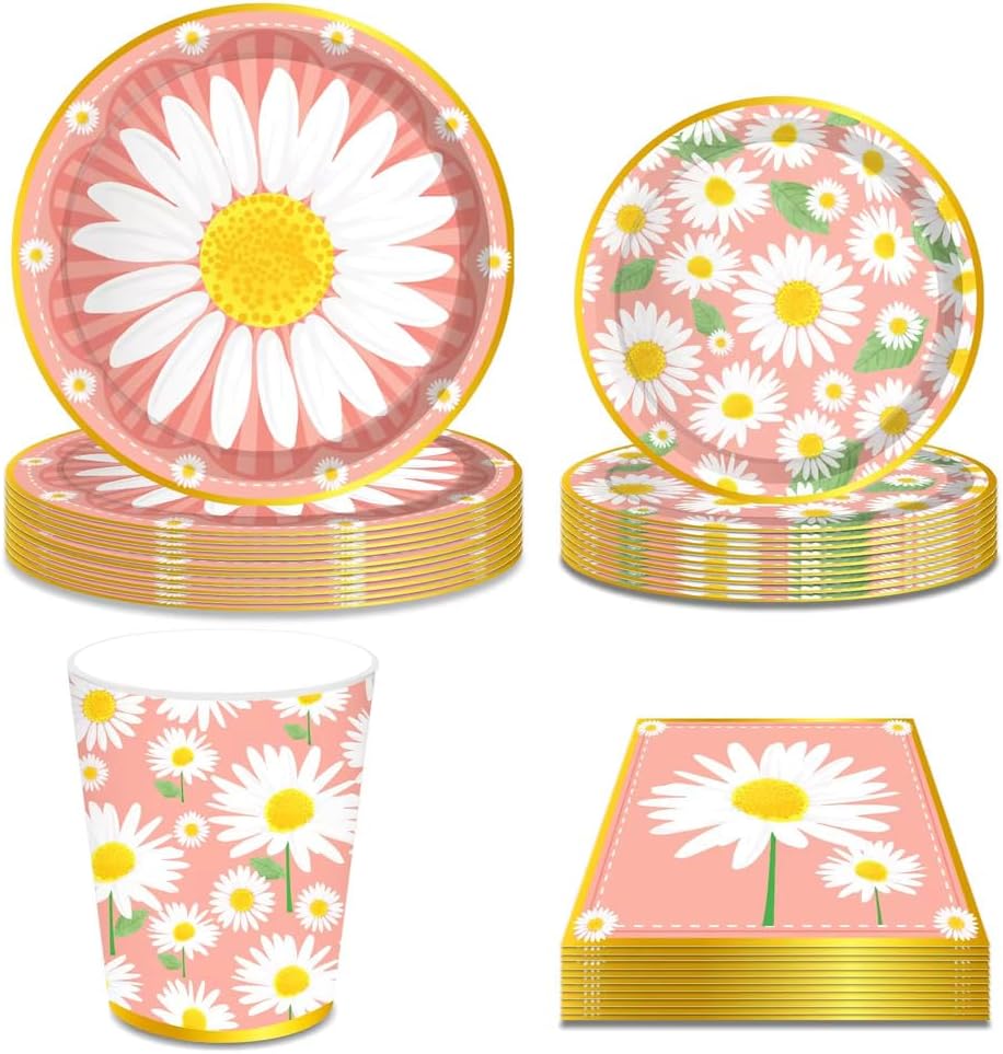 Daisy Floral Design Paper Party Plates, Napkins, Tea Cups Sets, Disposable Tableware for Wedding Birthday Bridal Baby Shower Disposable Paper Goods Decor Birthday Party Supplies (Pink)