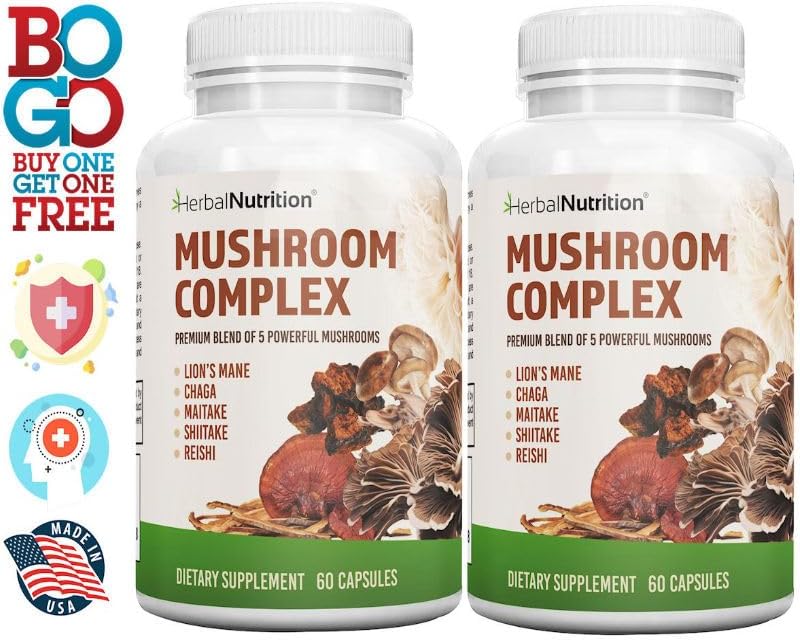 Miniatura 7 de Herbal Nutrition Complejo de hongos de 700 mg a 1400 mg. Los 5 hongos más potentes - Melena de león, Reishi, Chaga, Maitake, Shiitake - Apoya la