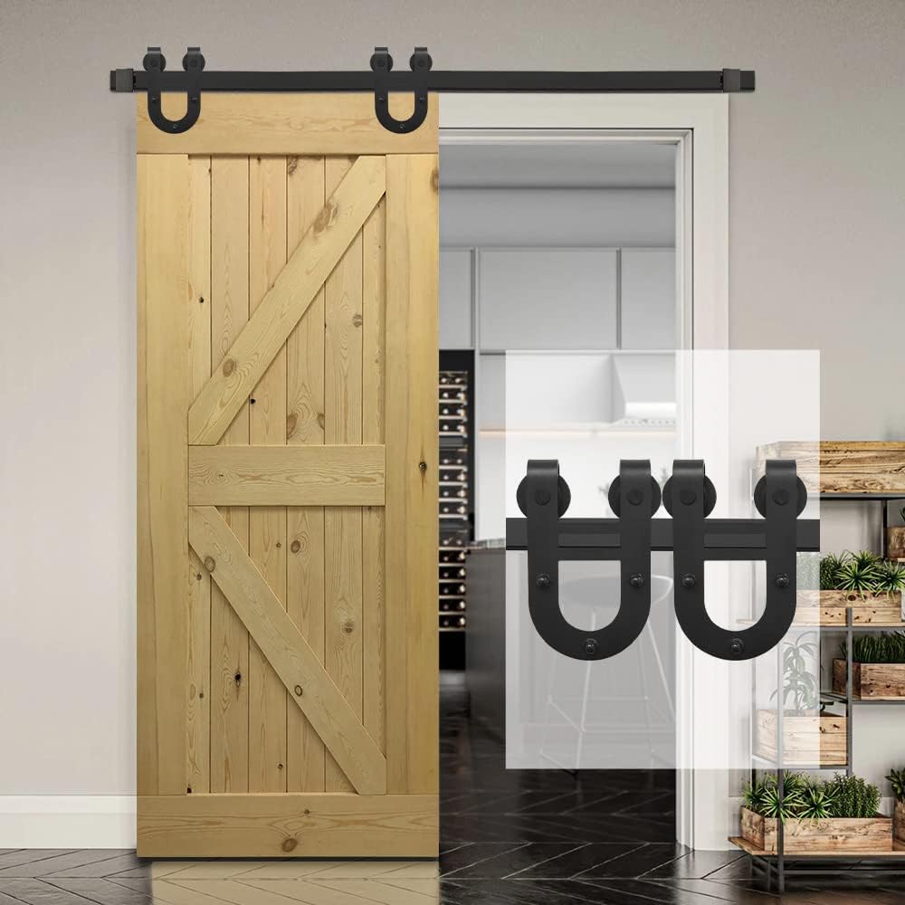 Hoconnie 7.5FT Sliding Barn Door Hardware Kits Door Track Hardware Kit Horseshoe Hanger Roller Sliding Door Hardware System for Single Door Black