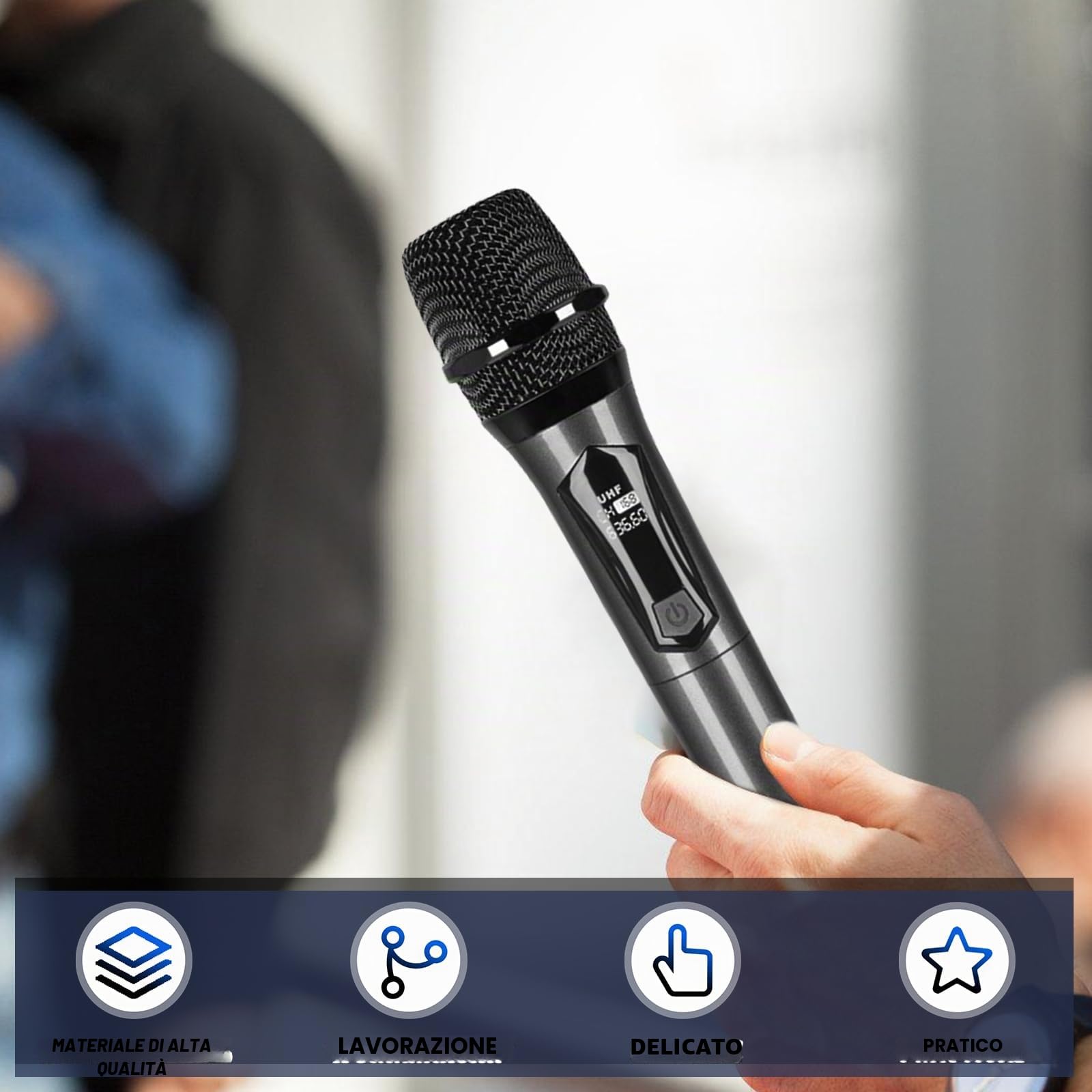 Doppio microfono senza fili, set di microfoni wireless con ricevitore ricaricabile – portata di 61 m, plug and play, suono cristallino per karaoke, matrimoni, feste, presentazioni, canto