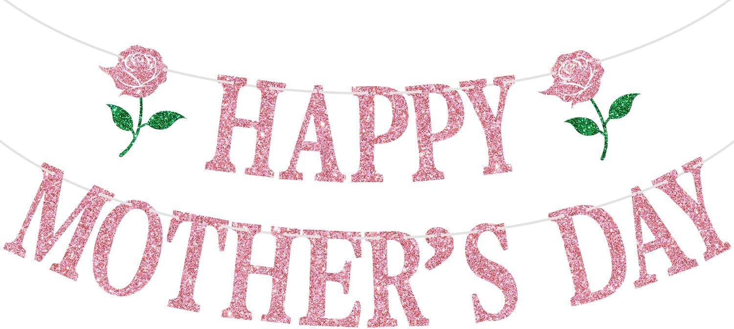 Happy Mother's Day Banner, Mom's Day Bunting Sign, Best Mom Ever, Mothers Day/Birthday Party Decorations Supplies, Pink Glitter