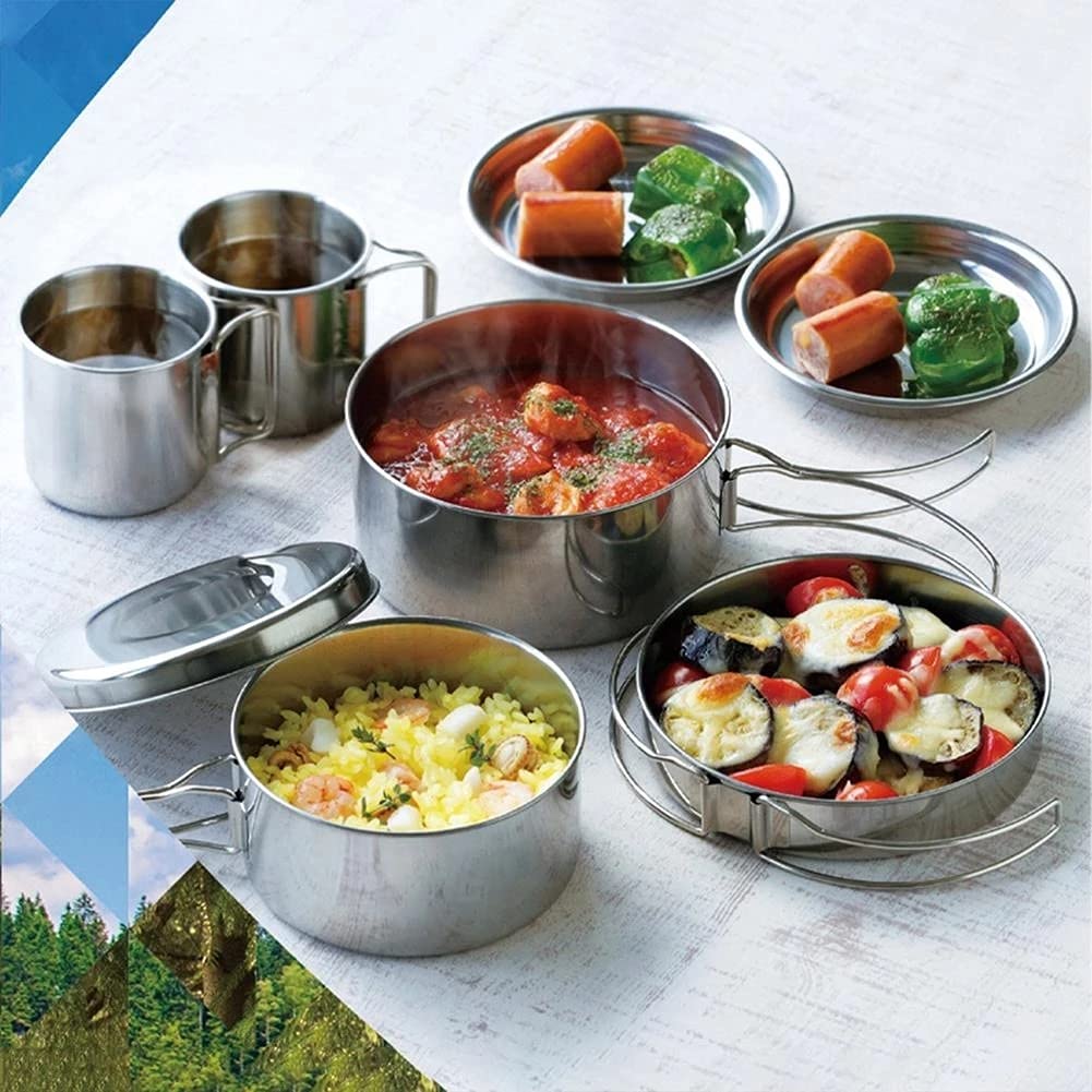 RWRAPS 8 unids/Set de Utensilios de Cocina para Acampar, Juego de Cocina de Aluminio para Exteriores, hervidor de Agua, vajilla de Barbacoa para Picnic de Viaje, Cuencos portátiles