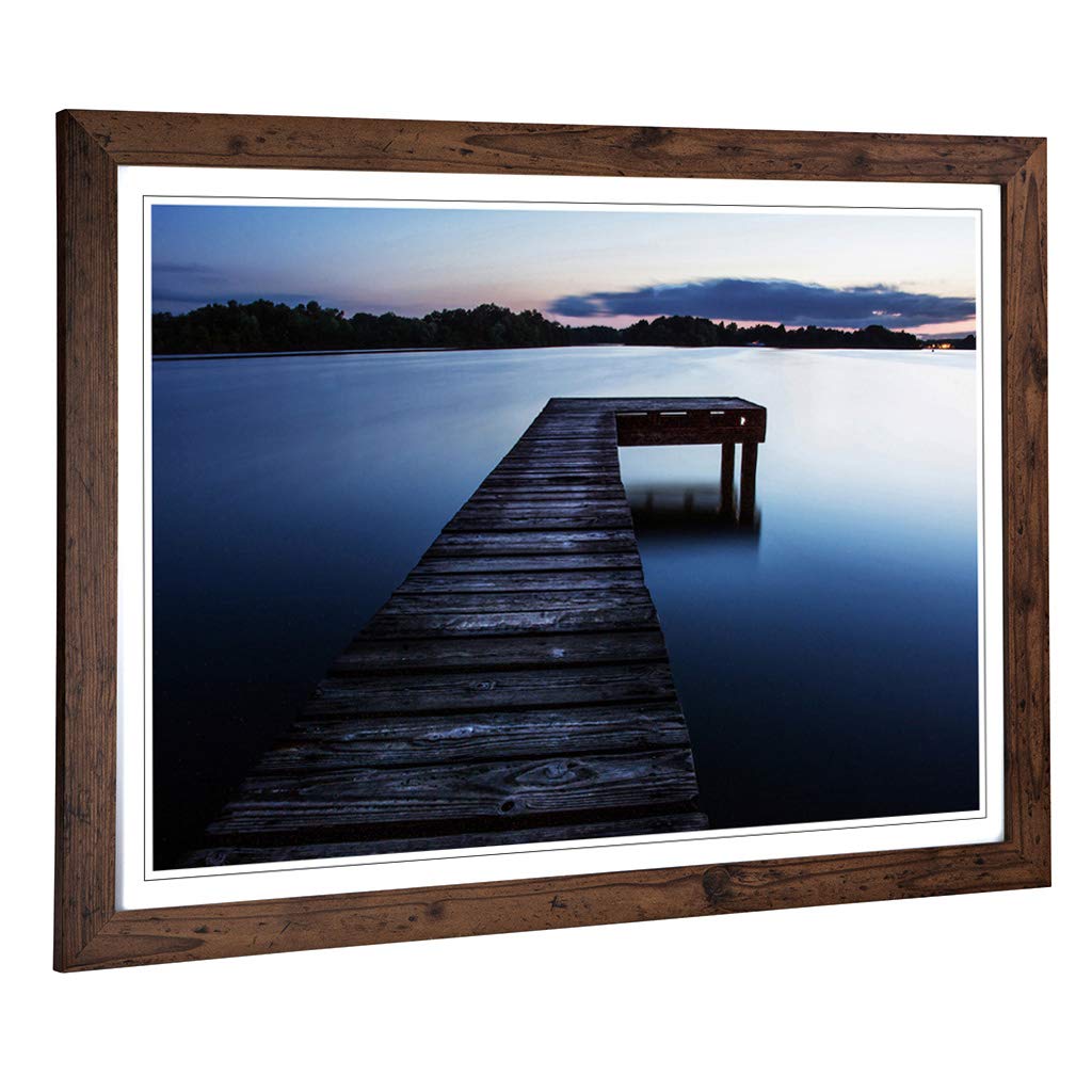 Big Box Art Framed Print of Pier Jetty Lake & Mlountains (6) Design | Wall Art Picture | Home Decor for Kitchen, Living Room, Bedroom, Hallway, Walnut, A2 / 24.5x18 Inch / 62x45cm