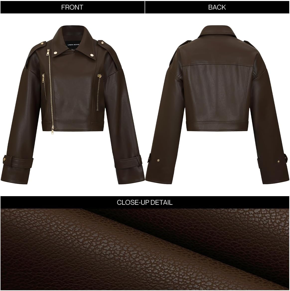 URBAN REVIVO Brown Oversized Lapel Leather Jacket, Drop Shoulder with Belt Detail & Bronze Buttons, Mid-Length Moto Coat for Women, Fall Winter Fashion Brown Medium