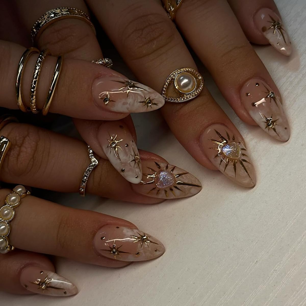 3D Boho Stars Gold Press On Nails - Heart Charms Design