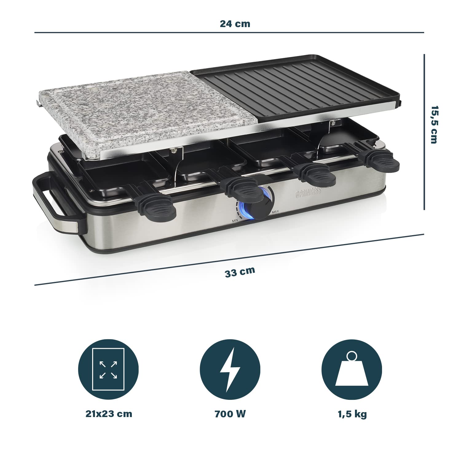 Princess Raclette Pietre e Alluminio Deluxe 8, 1400 W, Inossidabile, Acciaio Inox Spazzolato
