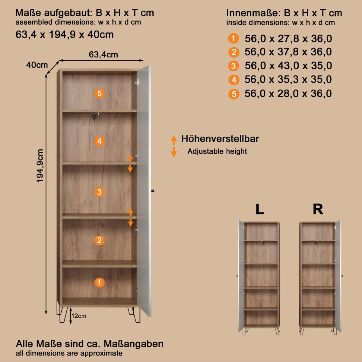 trendteam smart living - Touch - Garderobenschrank - Eiche/Weiß - Kleiderschrank mit ausziehbarer Kleiderstange - Soft-Close - Elegante Metallfüße - (BxHxT) 63 x 194 x 40 cm - Moderne Rautenfräsung