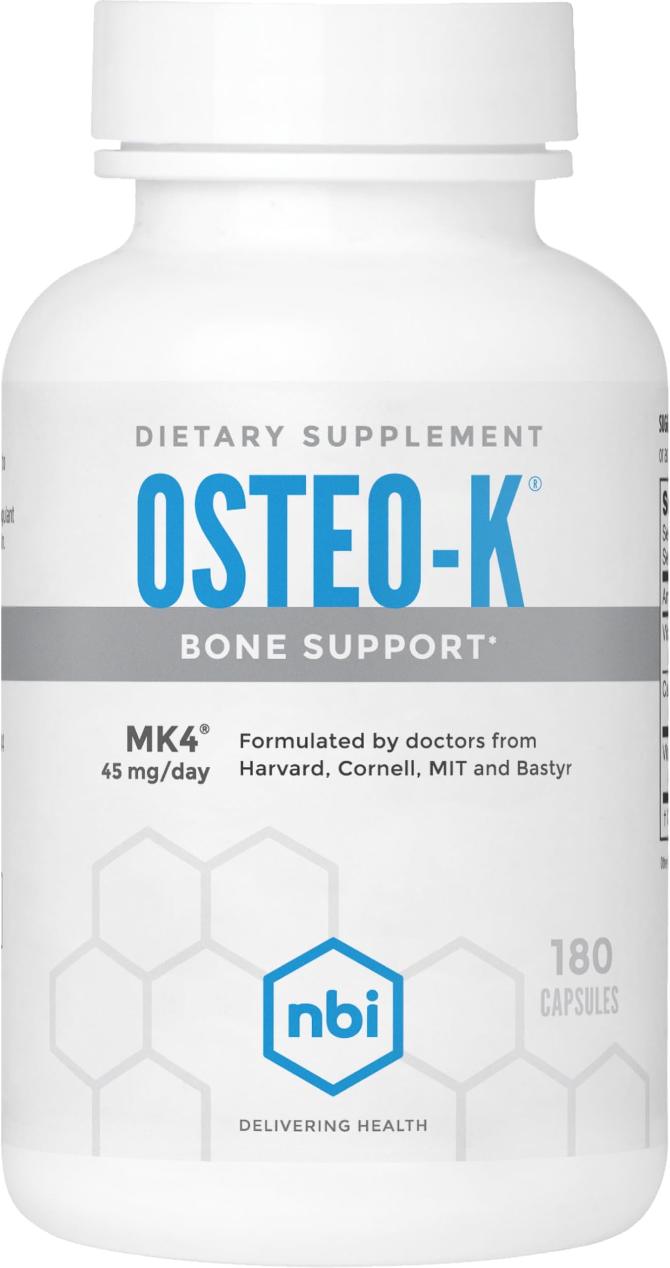 - NBI Osteo-K Bone Support | Vitamin D & K Complex with Calcium Citrate Supplement | 45mg Vitamin K2 (MK4) for Strong Bone Health & Function | 180ct Veggie Capsules