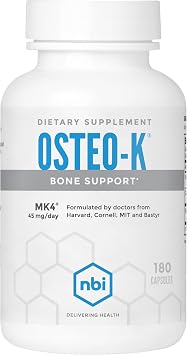NBI Osteo-K Bone Support | Vitamin D & K Complex with Calcium Citrate Supplement | 45mg Vitamin K2 MK4 for Strong Bone Health & Function | 180ct Veggie Capsules