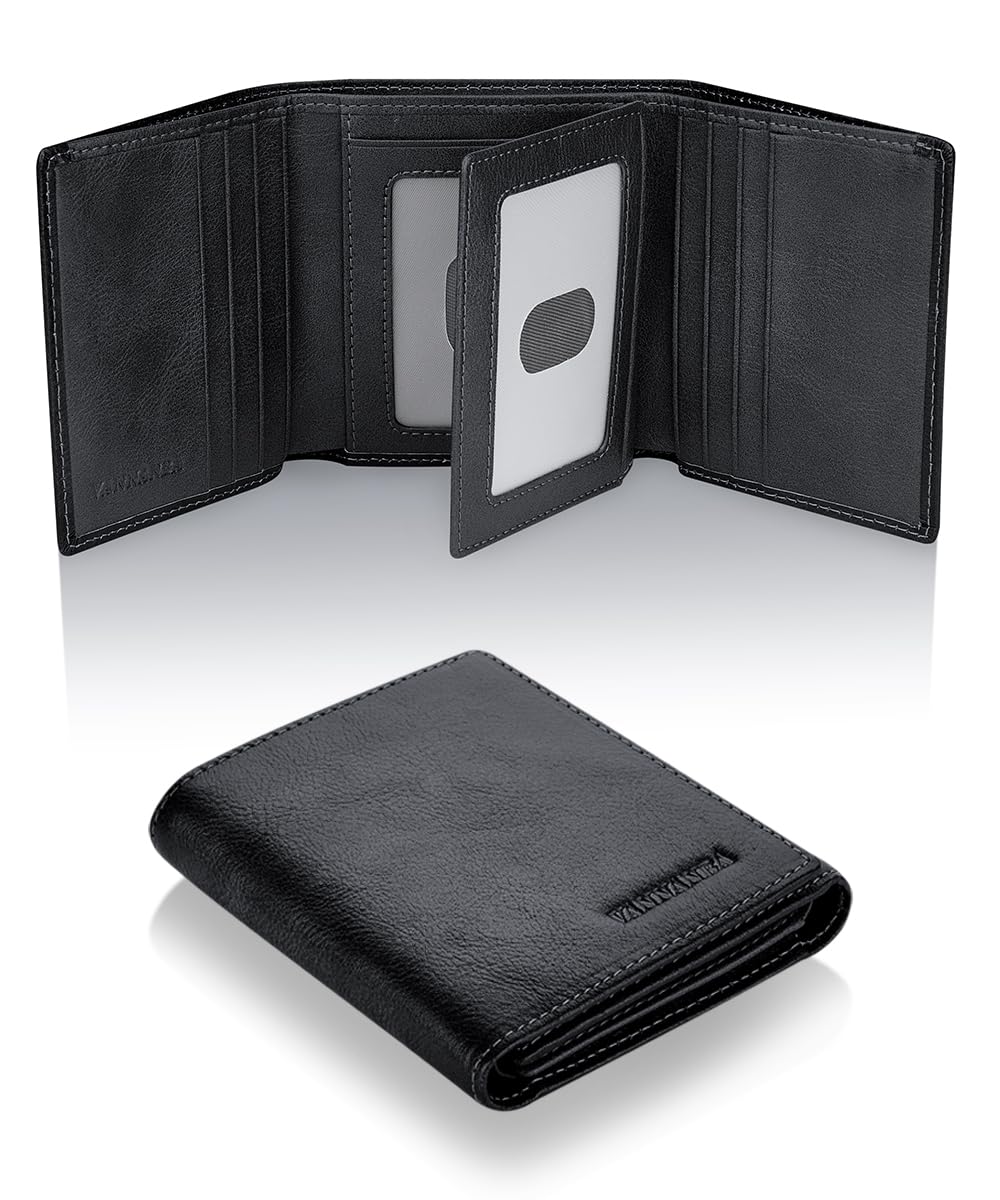 VANNANBA 2023 New Wallets for Men Trifold Leather Wallet,Front Pocket Wallets with Folded ID Windows,12 Card Slots & 2 Note pockets(Black)