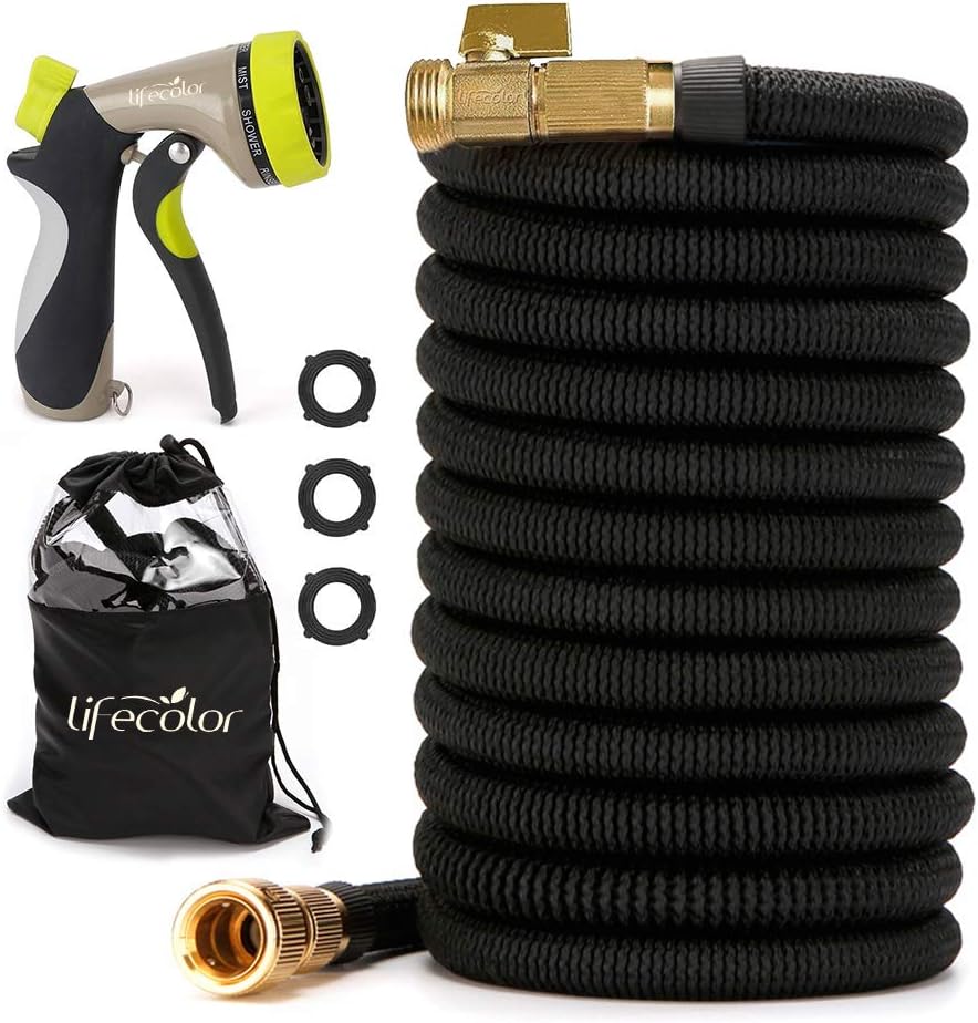 lifecolor Expanding Garden Hose, 100ft Expandable Water Hose With Double Latex Core, Solid Brass Connector and Extra Strength Fabric Flexible Spray Hose with 8 Function Nozzle