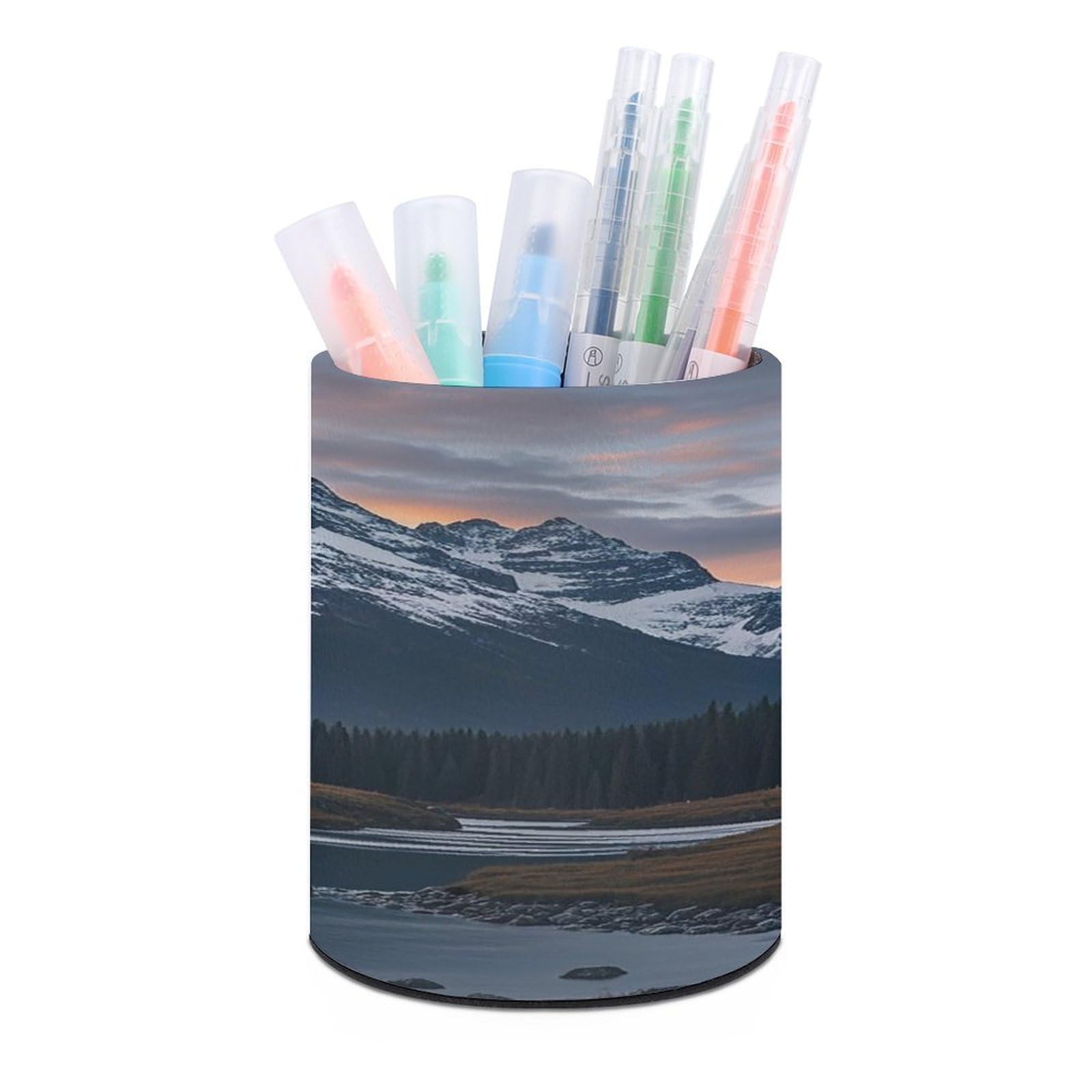 VstaDank Mount at Sunset Pen Holder Round Pencil Holder Cup Pen Container PU Leather Desk Organizer Stand Decor Brush Scissor Holders Decoration Office Desk Home (3.1 X 3.9 Inches)