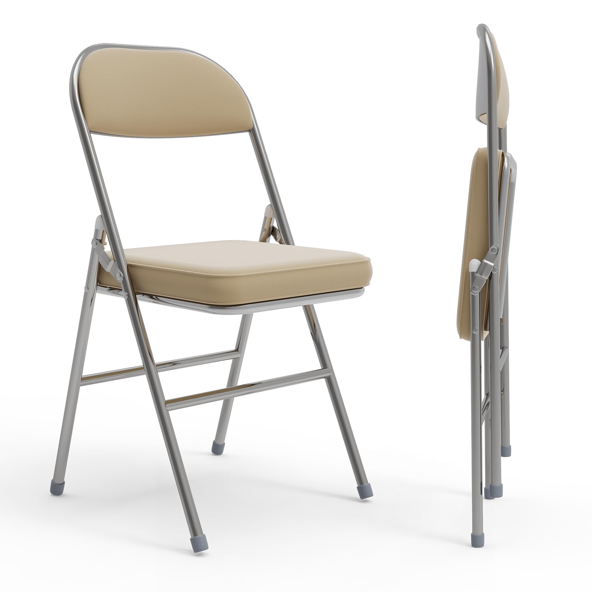 2 Pieghevoli comode di Alta qualità in Metallo, Imbottite in Ecopelle Resistenti salvaspazio, Sedia per Interno Esterno Viaggio Cucina Soggiorno Camera da Letto Giardino 42x46x80 cm, beige