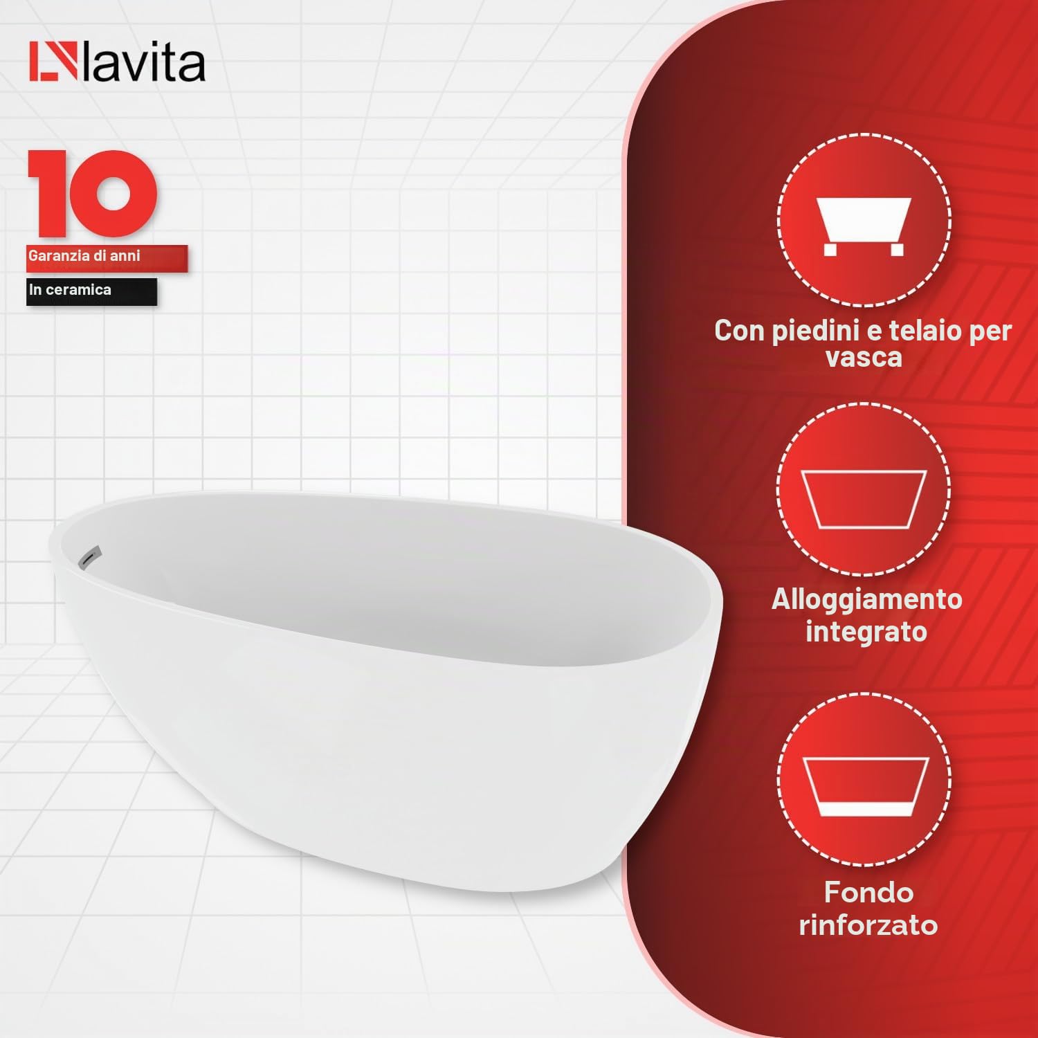 LAVITA Vasca da bagno indipendente Lacrima 1670 Acrilico 167 x 84 x 56 cm | Vasca da bagno ovale | Moderno | Vasca in acrilico indipendente 2 persone | 250 L | Rivestimento antimicrobico | Bianco