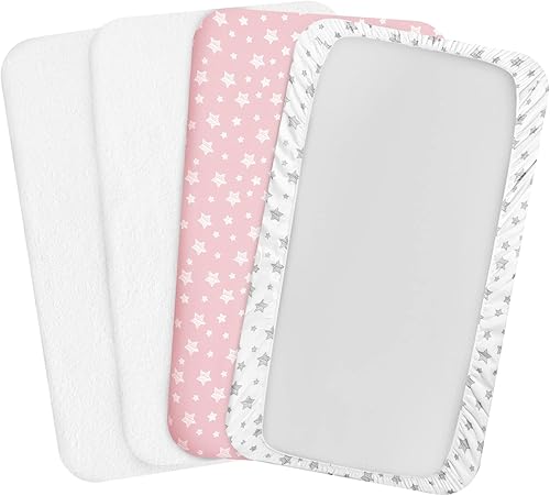 Miniatura 6 de Pack and Play Sheets & Protector de colchón de rizo impermeable Pack N Play, 4 unidades, juego de sábanas de rizo de viscosa Pack N Play, gris y rosa