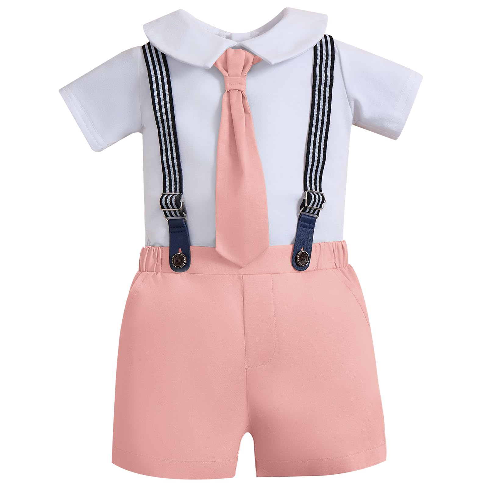 Baby Boys Formal Suit Set Short Sleeve Romper Suspender Shorts Pants Necktie Outfit for Wedding Cake Smash Photo 0-18M