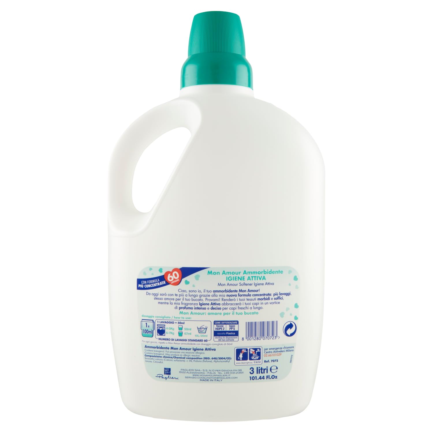 4x Felce Azzurra Mon Amour Ammorbidente Igiene Attiva- Profumo Inconfondibile, Capi Morbidi - 60 Lavaggi - 3Lt + Portachiavi Beni Culinari in Omaggio