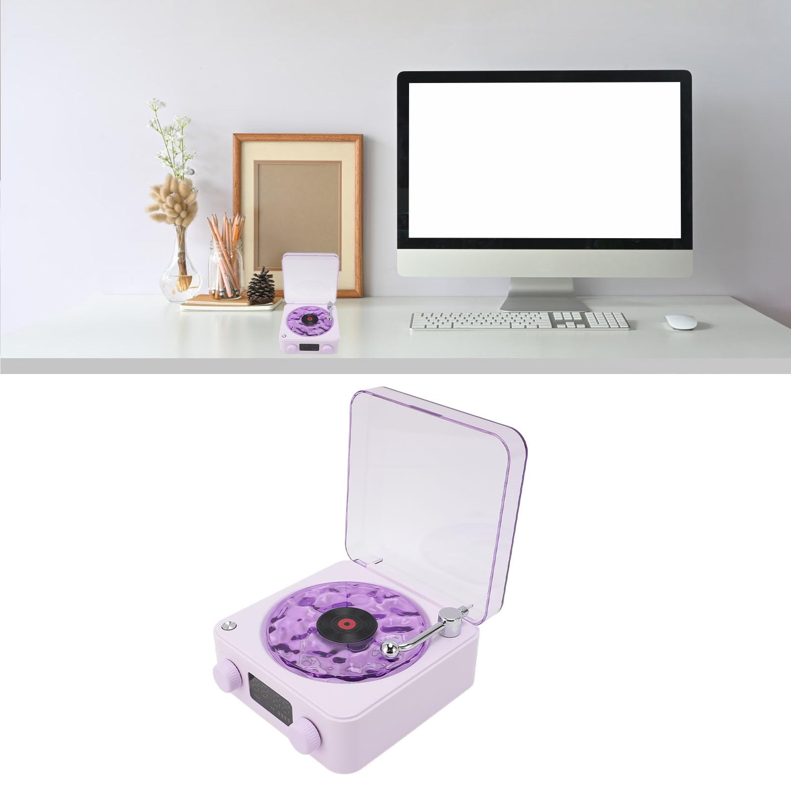 Waves Tourne-Disque Vintage, Le Lecteur Waves avec Veilleuse et Affichage de L'heure, Haut-Parleur Bluetooth Vintage, Lecteur CD Stéréo Portable pour Chambre à Coucher, Bureau,