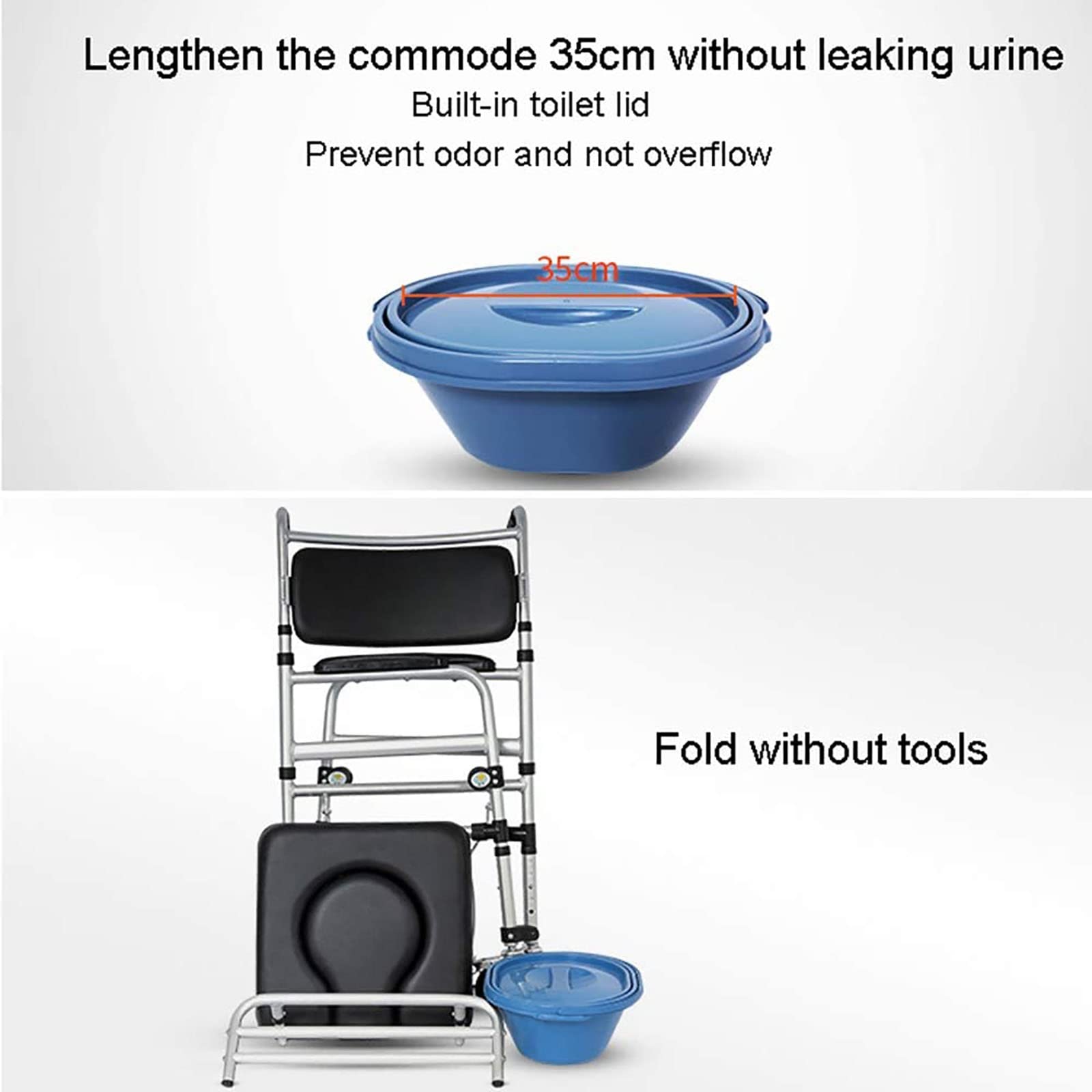 Silla de WC con Ruedas,Silla De Ducha Plegable PortáTil, Una Silla con Orinal MéDico De Ancianos, Frenos Y ReposapiéS (Cuatro Rondas)