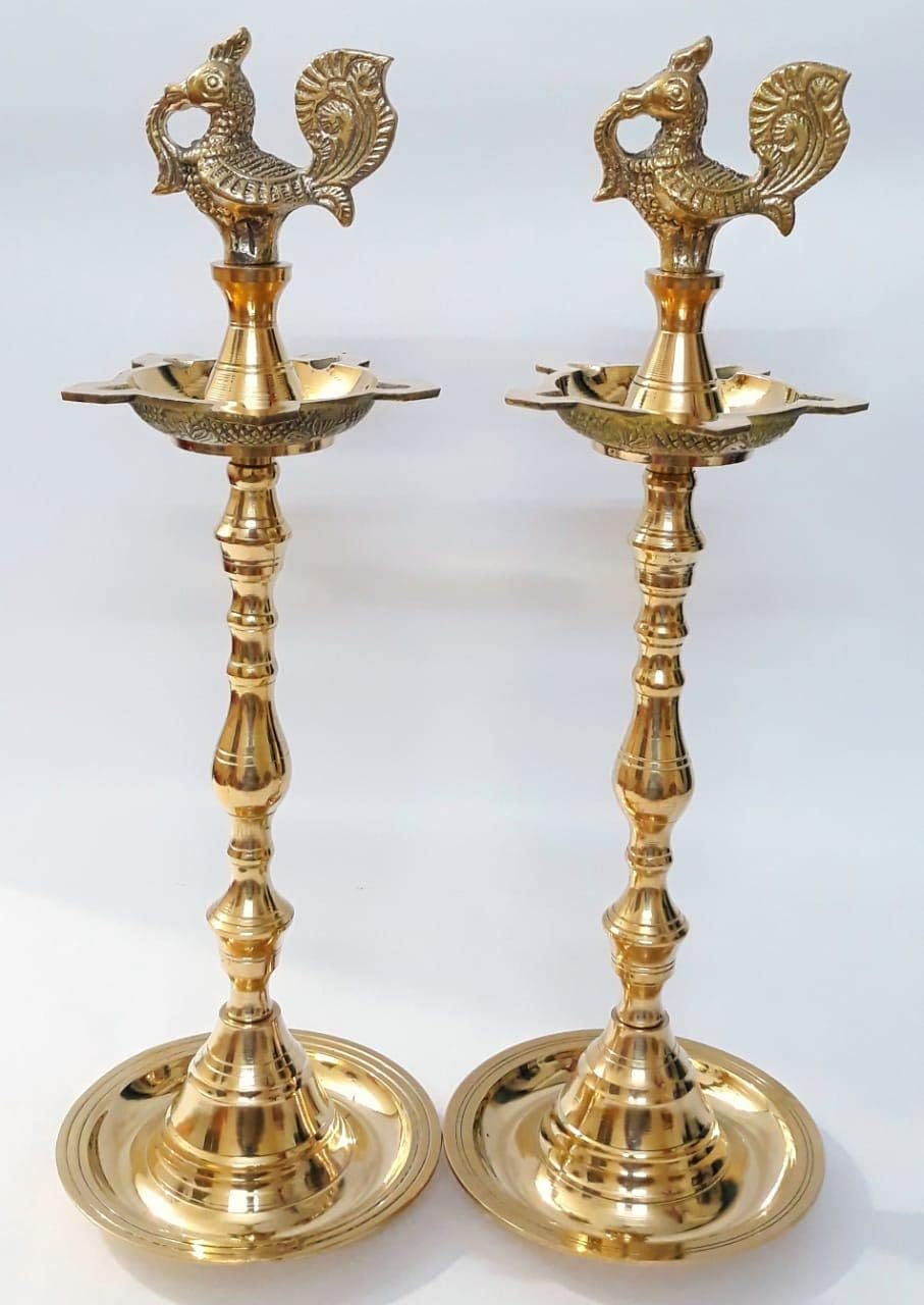 Vaiba Brass Peacock Design Oil Lamp Kuthu Vilakku (Set of 2) 12.5 inches Height for Puja, Home Décor, Gift
