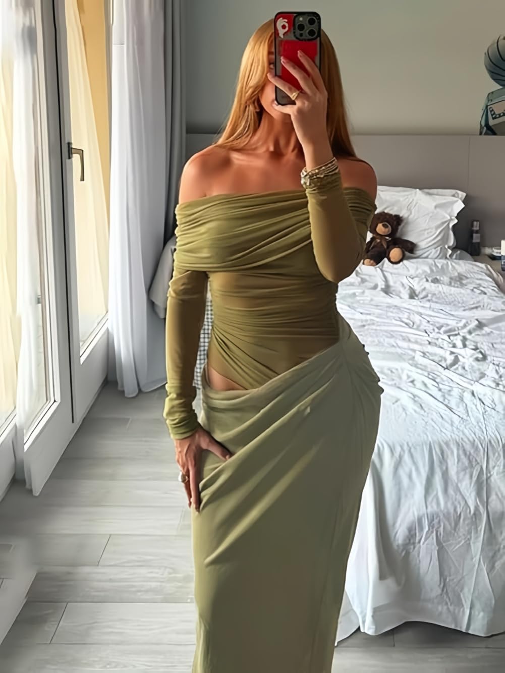 Robe Femme Sexy Maxi Robes Moulante à Manches Longues Élégante Épaule Dénudée Robe Longue en Maille Transparent Bodycon Plissé Robes de Soirée Cocktail Party Fête Club Nuit Bal Mariage