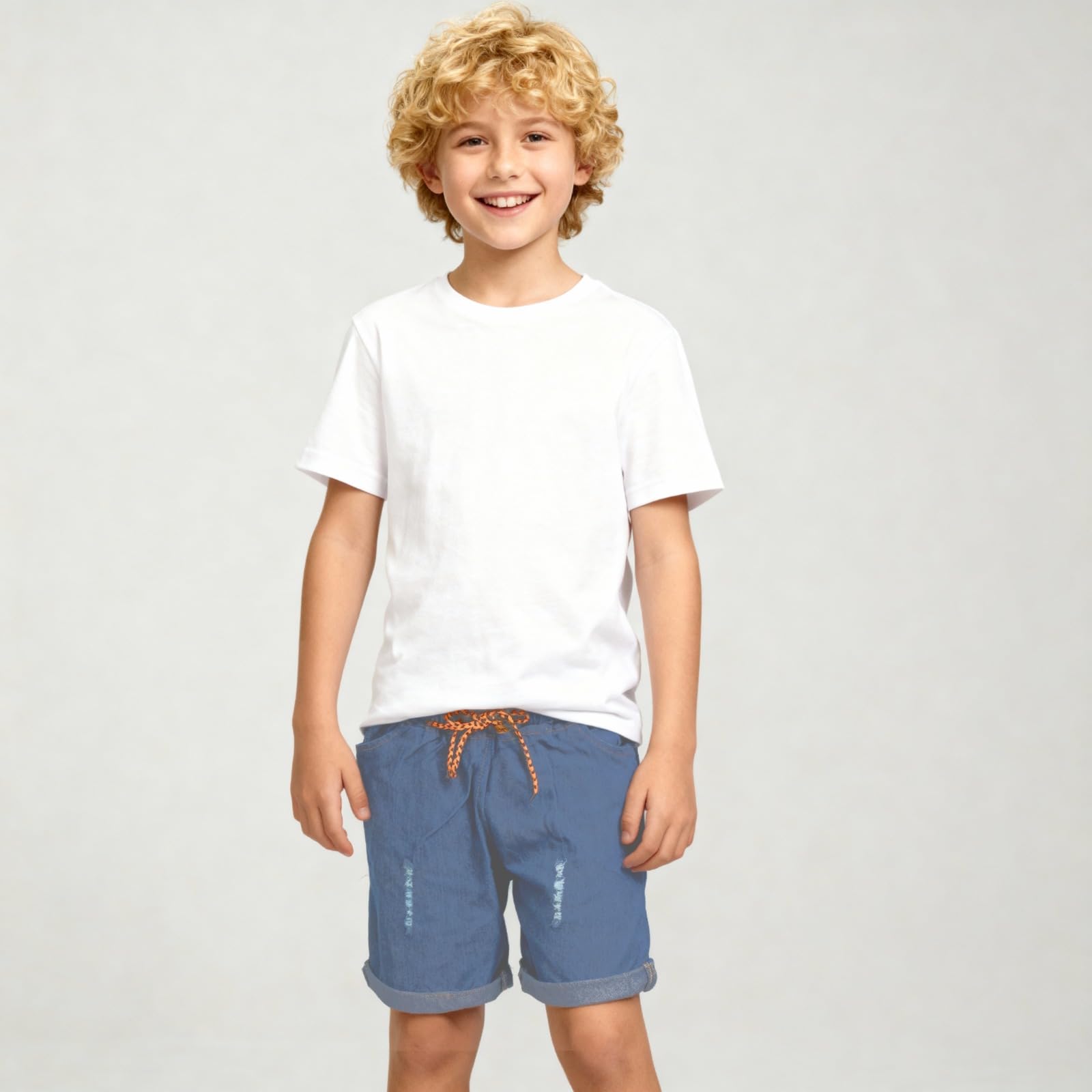 A.T.U.N. (ALL THINGS UBER NICE) Elegantes pantalones cortos de mezclilla para niños hasta la rodilla, aspecto elegante lavado, uso diario de moda casual con cordón en la cintura y dobladillo plegado