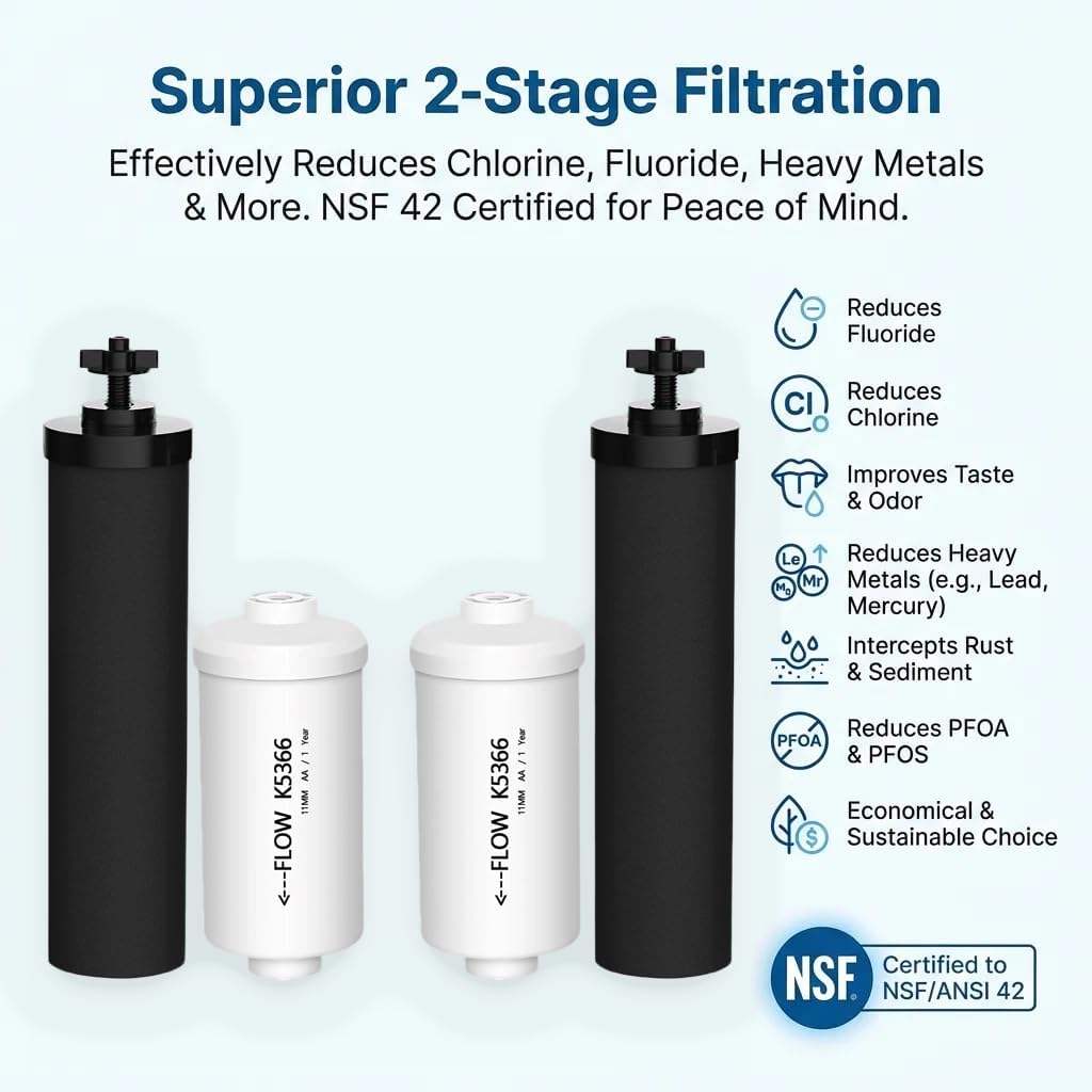NSF/ANSI 42 Certified Gravity Water Filter Combo - Replacement for Berkey BB9-2 Black Purification Elements & PF-2 Fluoride/Arsenic Reduction Filters, Compatible with Berkey Gravity Filtration Systems