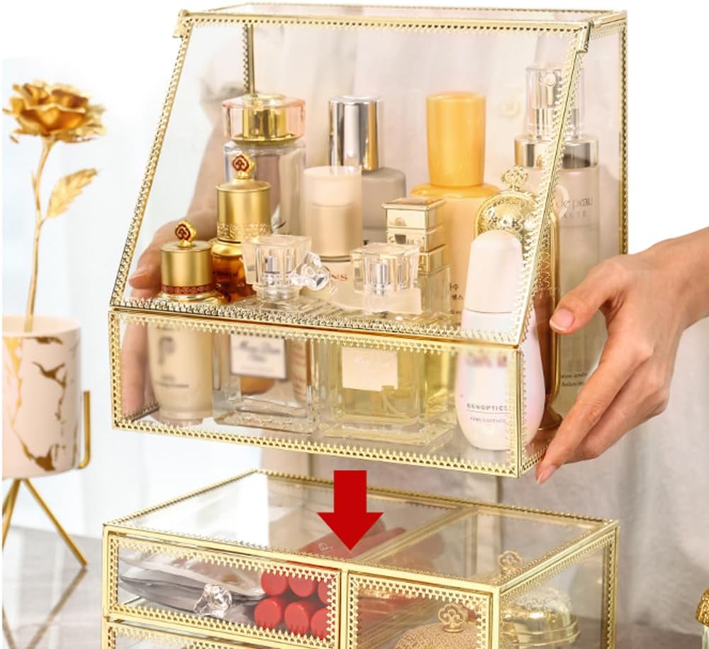 YUEHUA Makeup Organizer Glass Makeup Holder Bathroom Countertop Vanity Cosmetic Organizer for Lipsticks Skincare Toner Storage