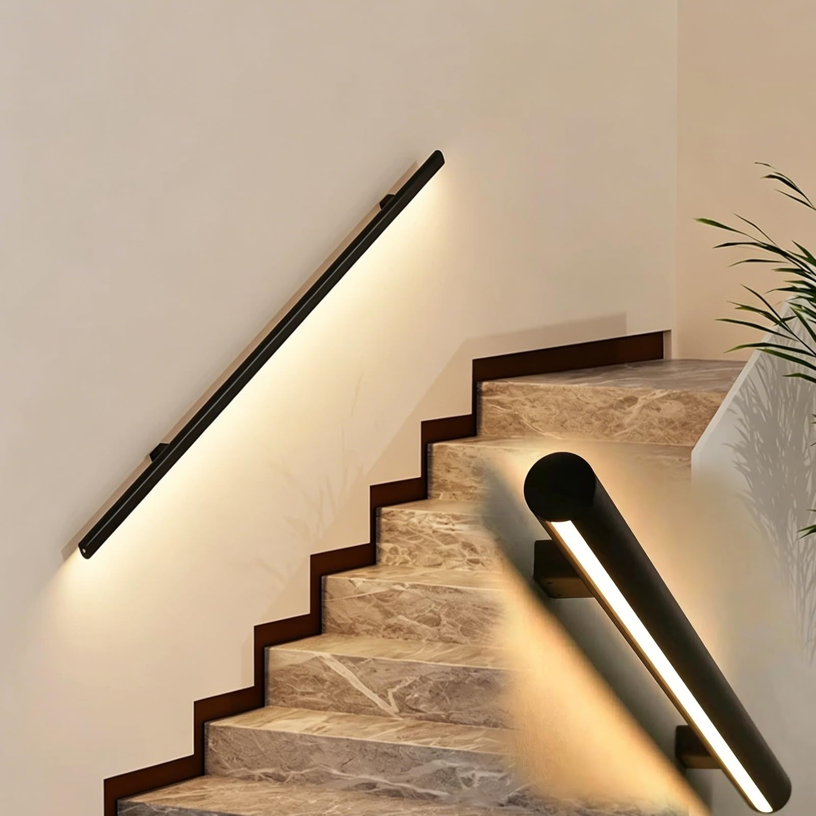Jievmrs Round Motion Sensor Handrail for Stairway, Black LED Stair Railing Light Kit Customizable Length，Staircase/Entrance/Porch Hand Rails Lights(Right,120in/305cm)