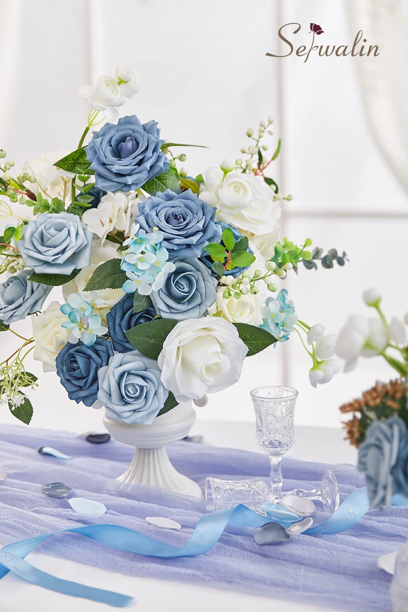 Serwalin Fiori artificiali per torta bouquet da sposa centrotavola per il giorno del Ringraziamento Peonia Rose Fiori di nozze Combo Fiori finti Boho per la (Blu&bianco)