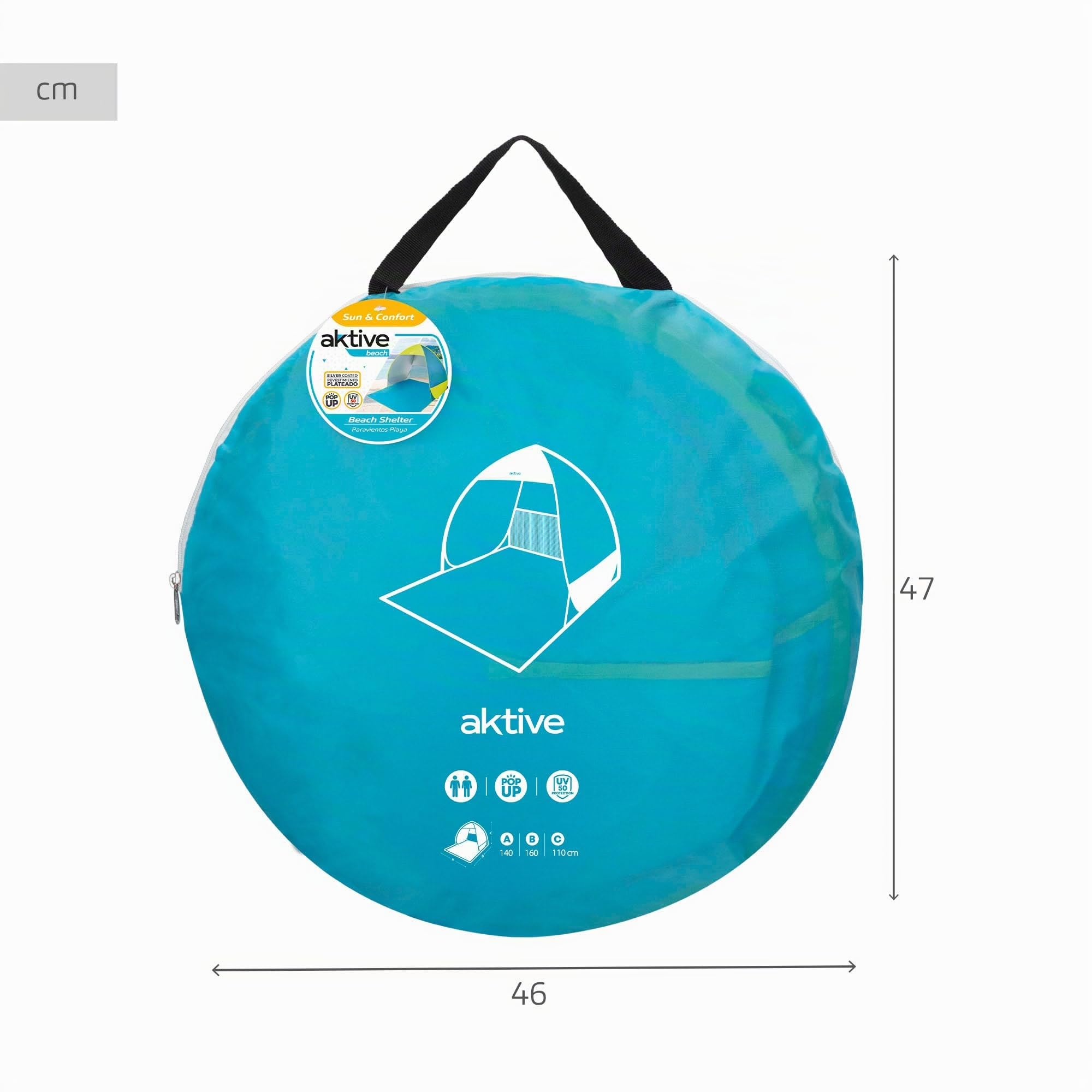 AKTIVE Tenda da spiaggia pop-up blu e verde, protezione solare UV50, design semi-chiuso con ventilazione, struttura pieghevole leggera, 130x130x110 cm, borsa per il trasporto (62165)