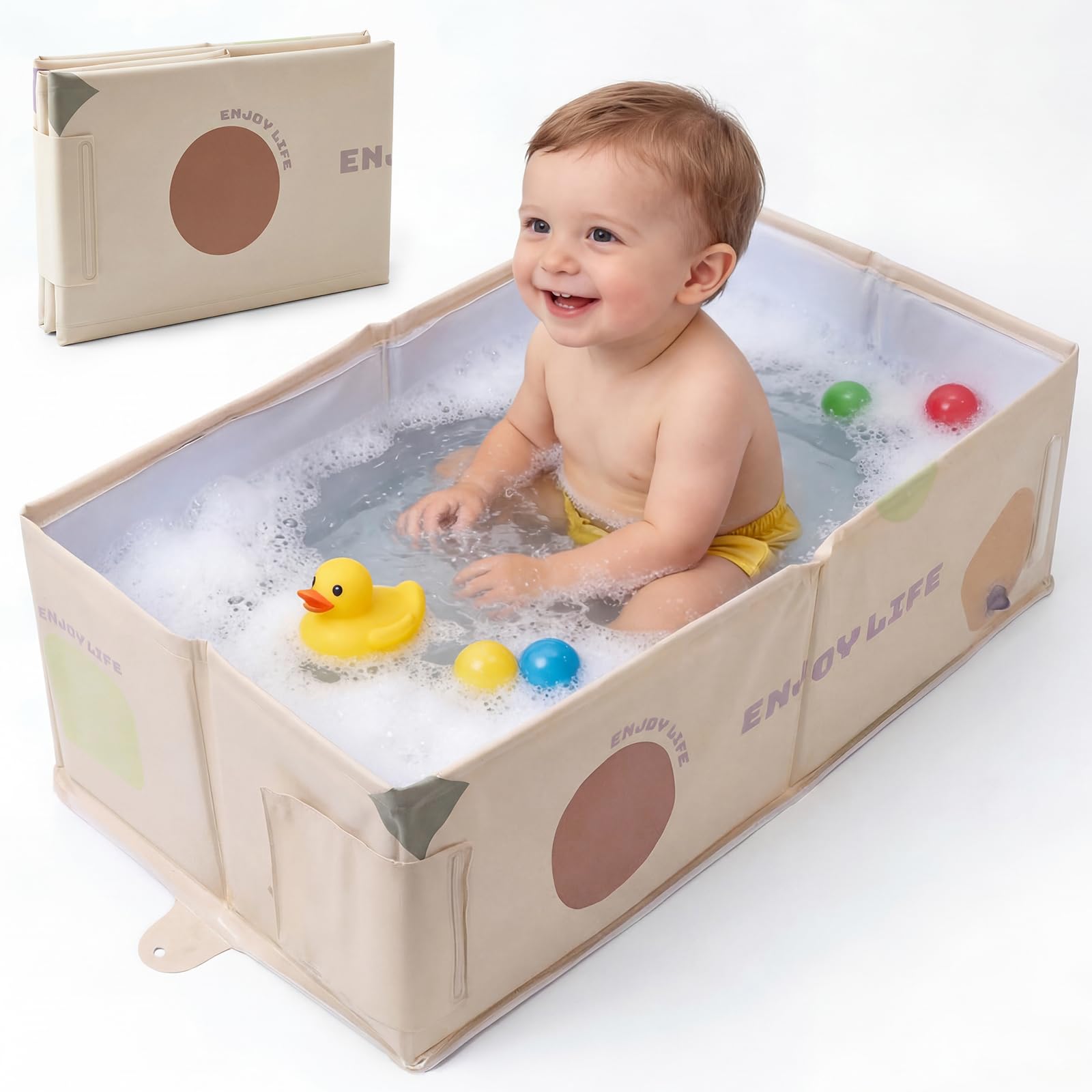 Foldable Baby Bath Tub, Extra Large Non-Slip Kids Bath Tub, Portable Space-Saving Baby Bathtub for Newborn, Toddler & Young Children, Collapsible Bath for Home, Shower Room & Travel (Beige)